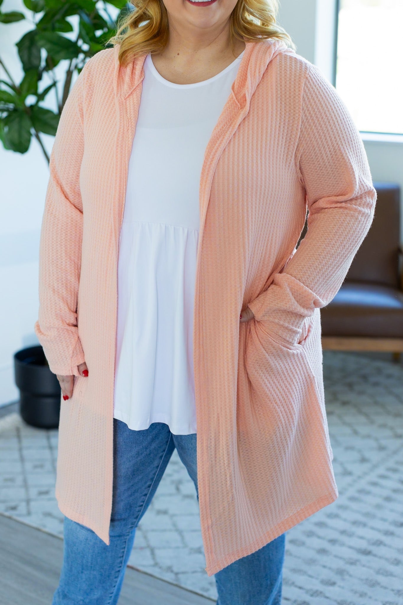 IN STOCK Claire Hooded Waffle Cardigan - Coral