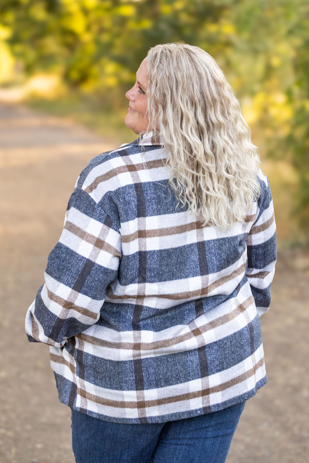 IN STOCK Norah Plaid Shacket - Navy and Tan