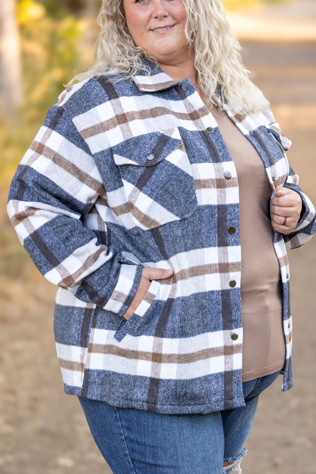 IN STOCK Norah Plaid Shacket - Navy and Tan