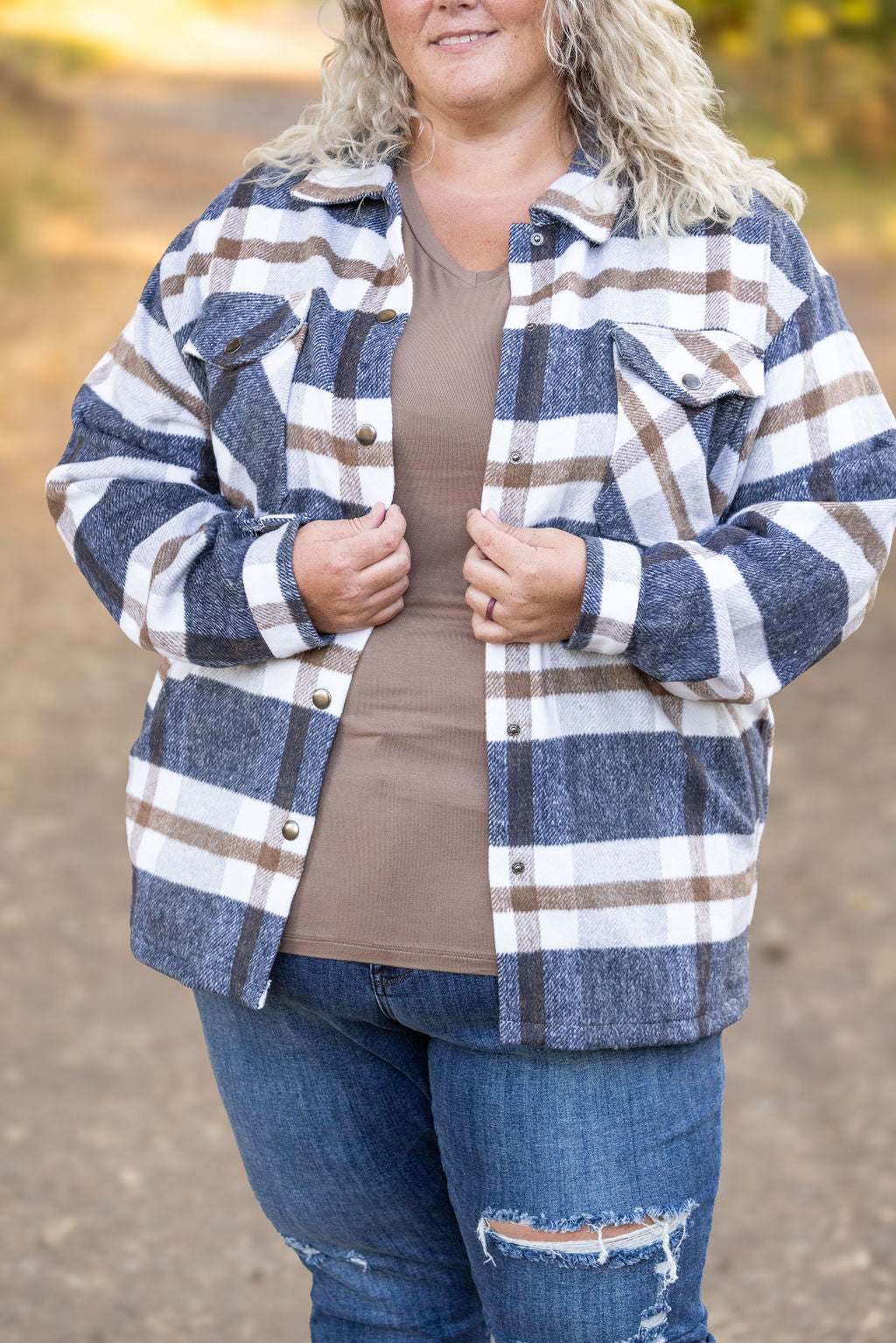 IN STOCK Norah Plaid Shacket - Navy and Tan