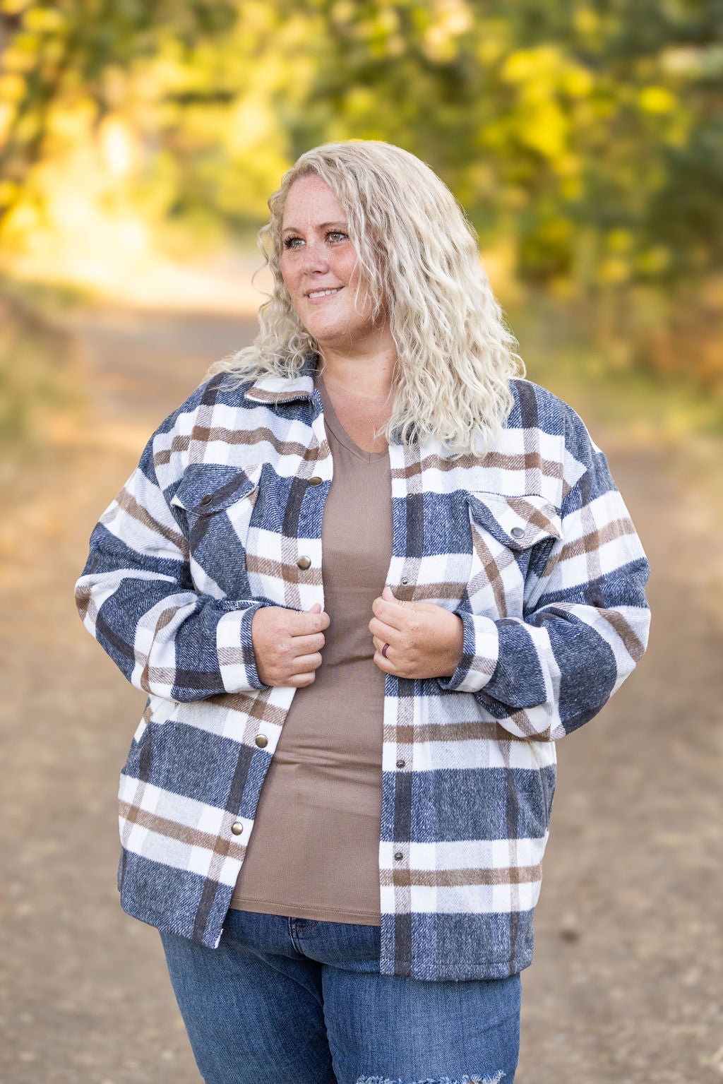 IN STOCK Norah Plaid Shacket - Navy and Tan