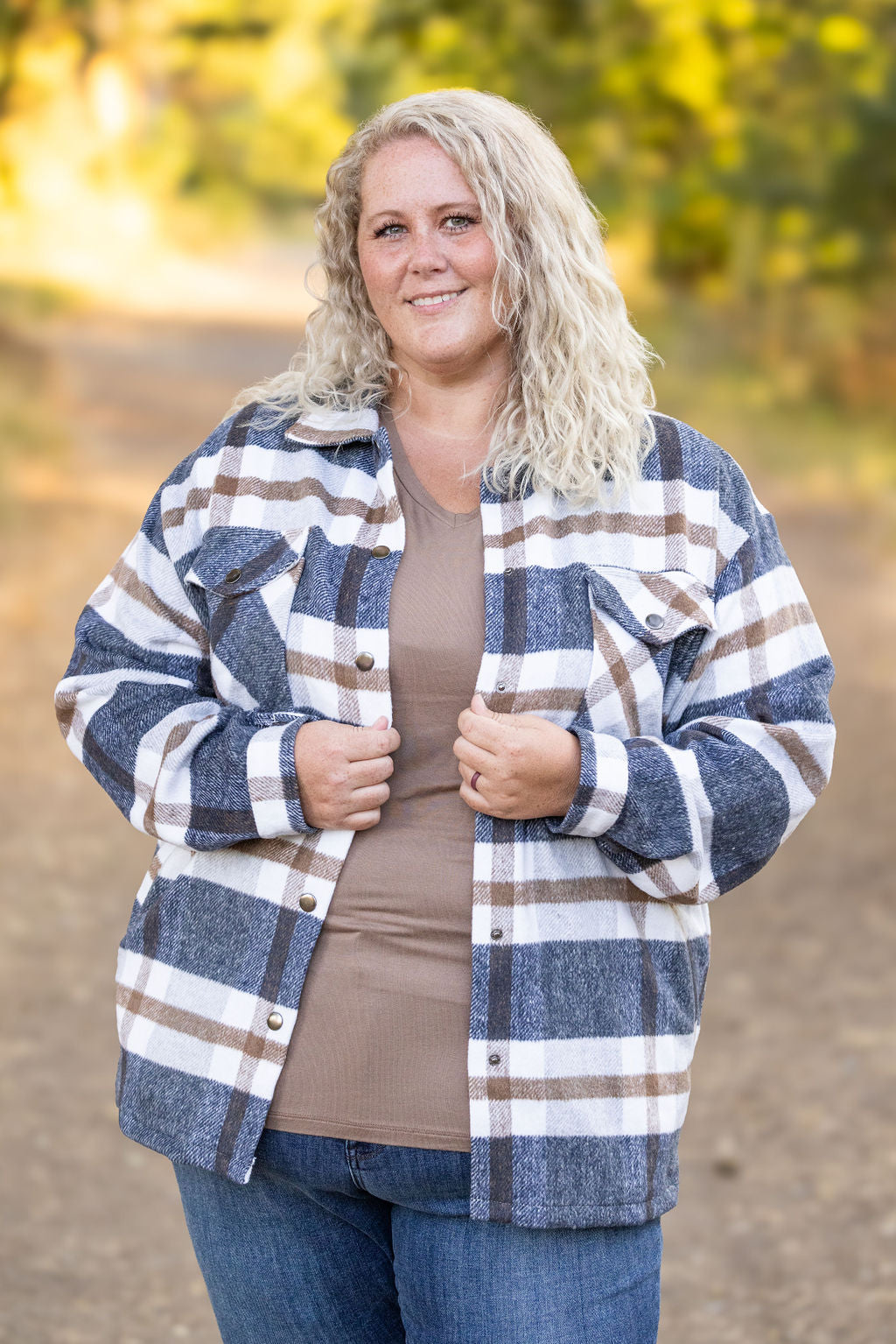 IN STOCK Norah Plaid Shacket - Navy and Tan