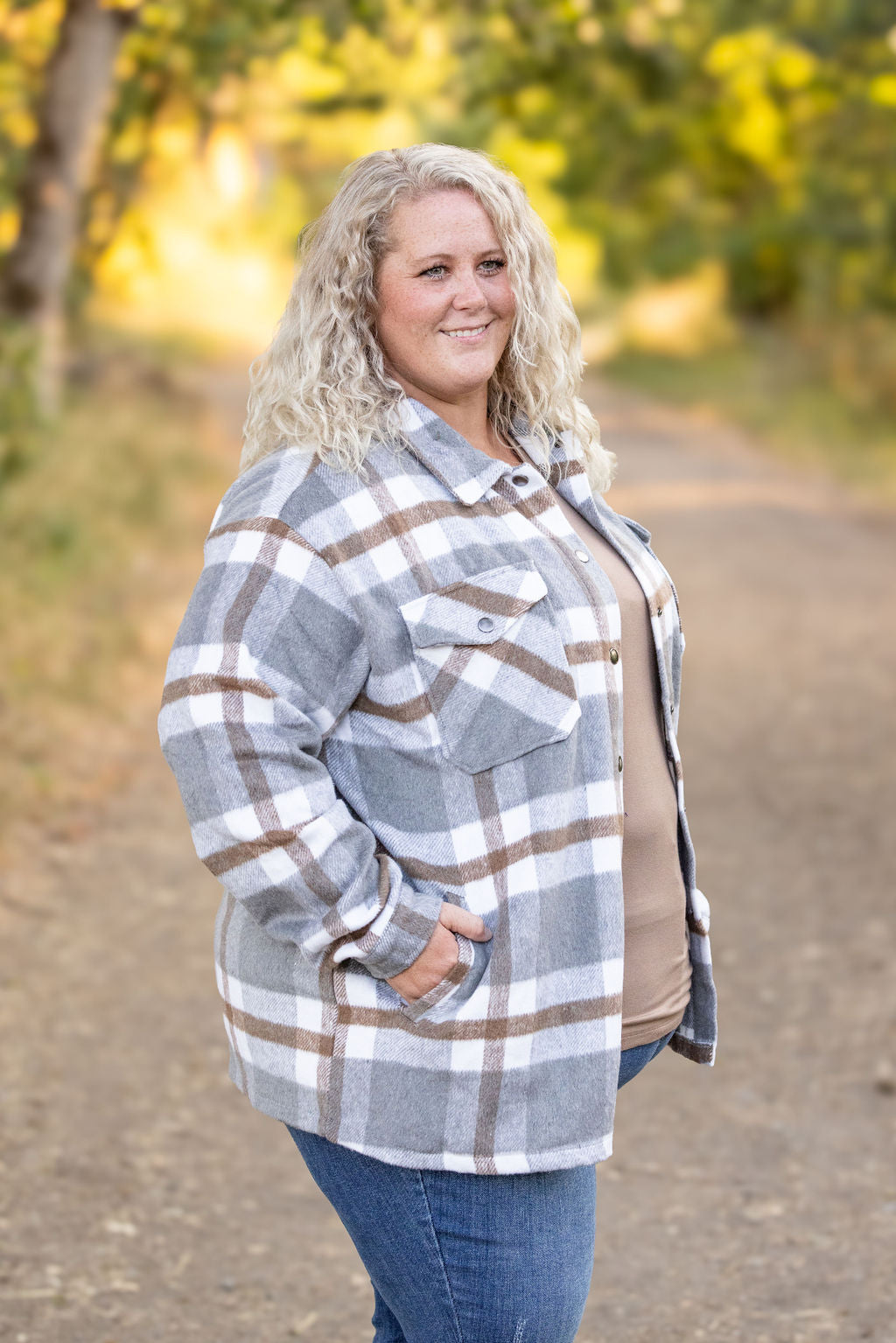 IN STOCK Norah Plaid Shacket - Grey and Tan