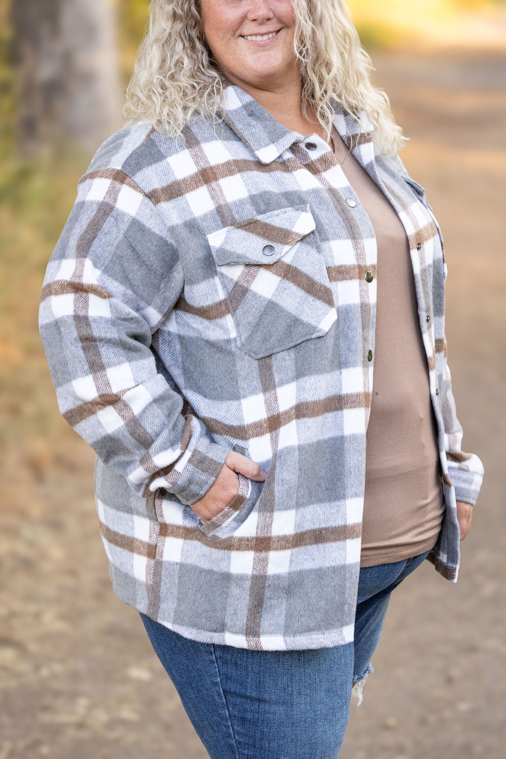 IN STOCK Norah Plaid Shacket - Grey and Tan