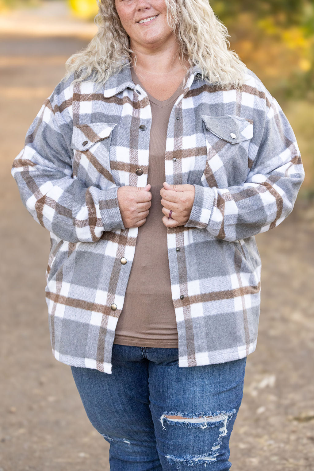 IN STOCK Norah Plaid Shacket - Grey and Tan