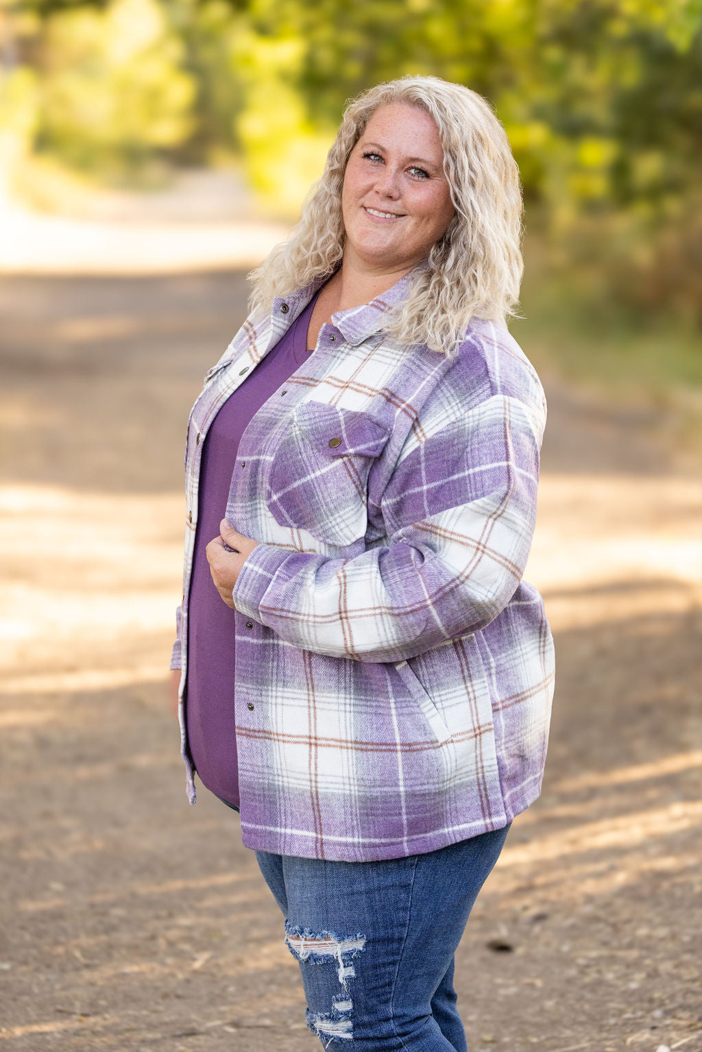 IN STOCK Norah Plaid Shacket - Purple and Gold