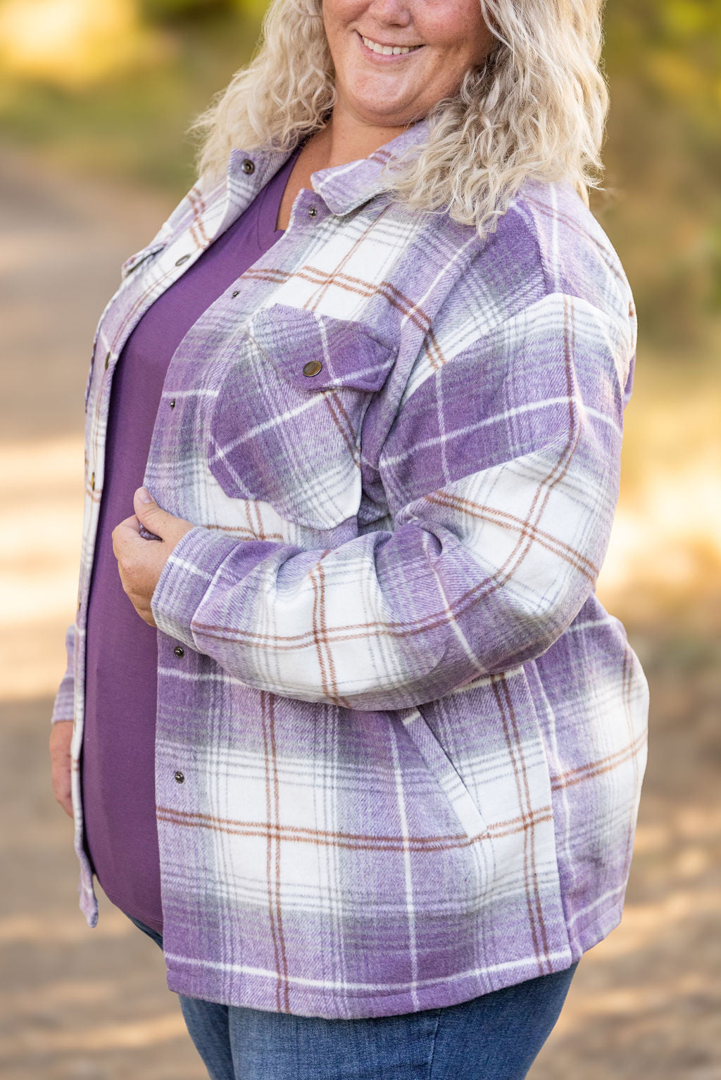 IN STOCK Norah Plaid Shacket - Purple and Gold