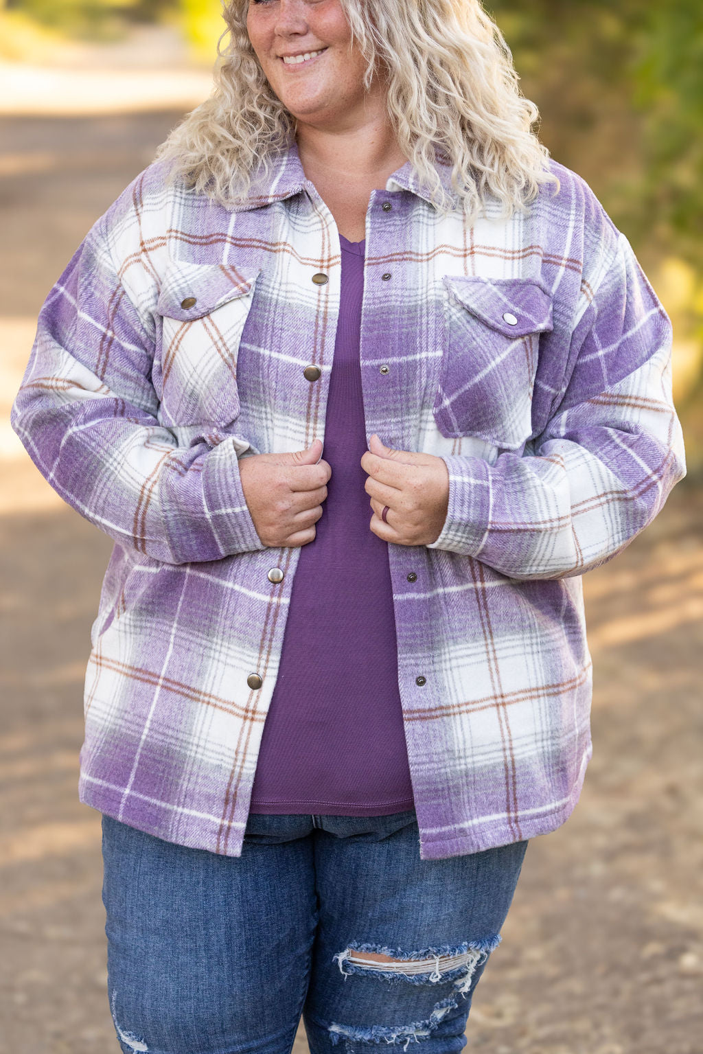 IN STOCK Norah Plaid Shacket - Purple and Gold