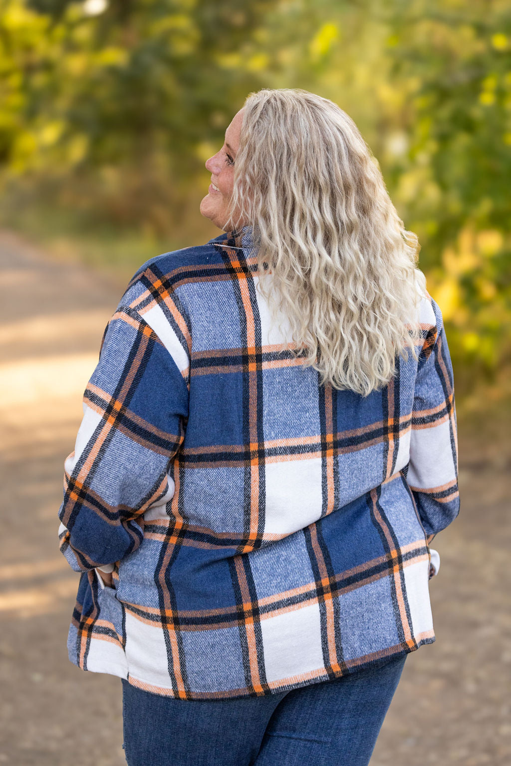 IN STOCK Norah Plaid Shacket - Navy and Orange