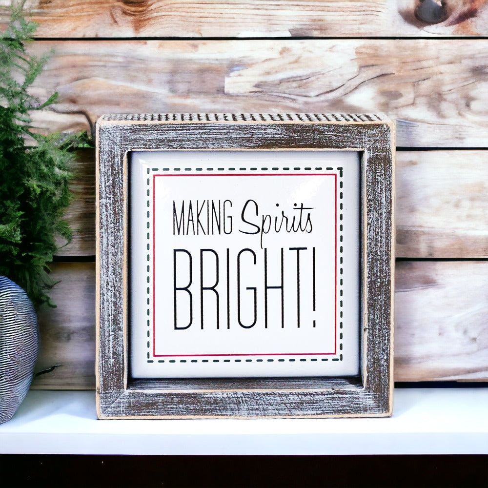 Making spirits bright Christmas sign, wooden framed and metal embossed middle