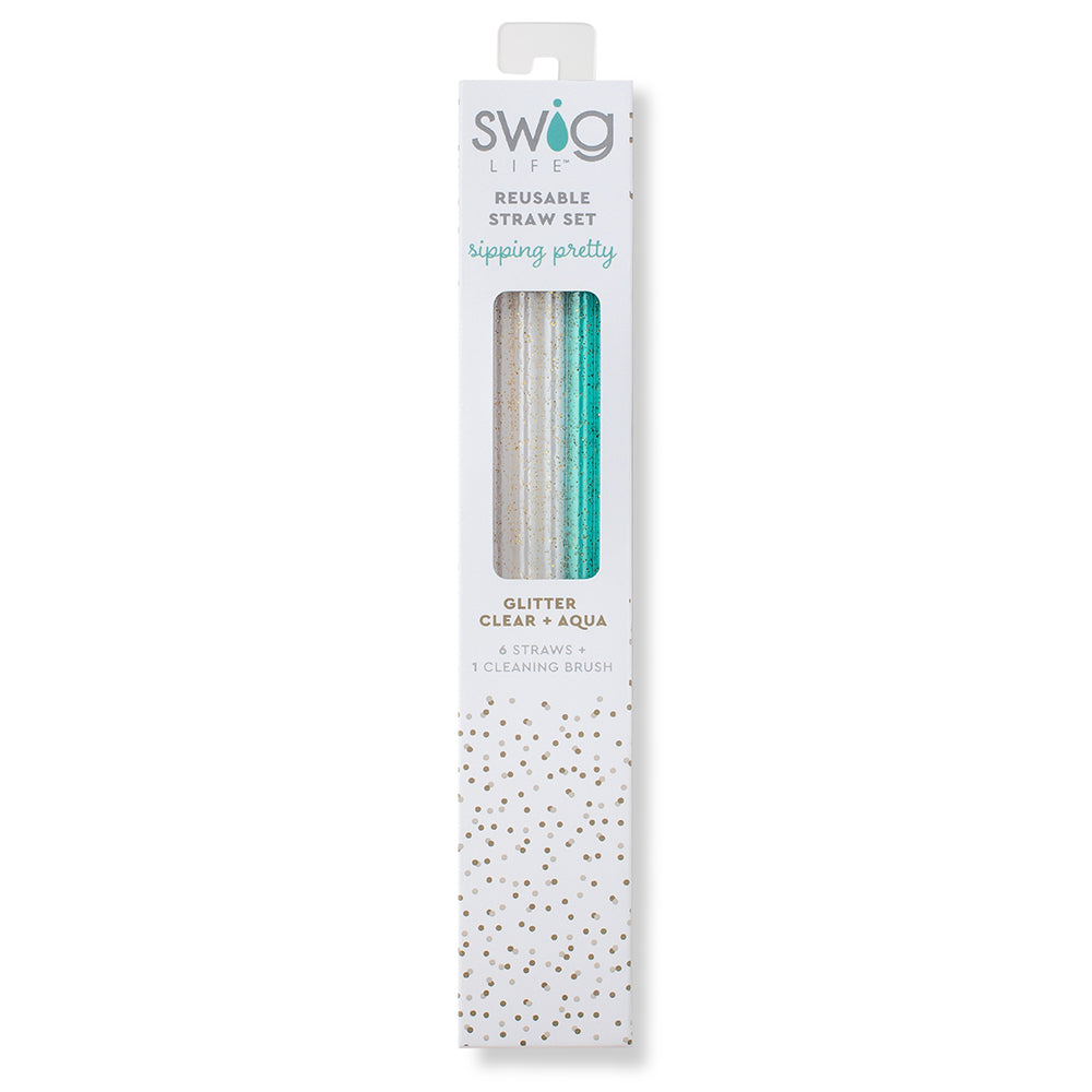 Swig Life Glitter Clear & Aqua Reusable Straw Set