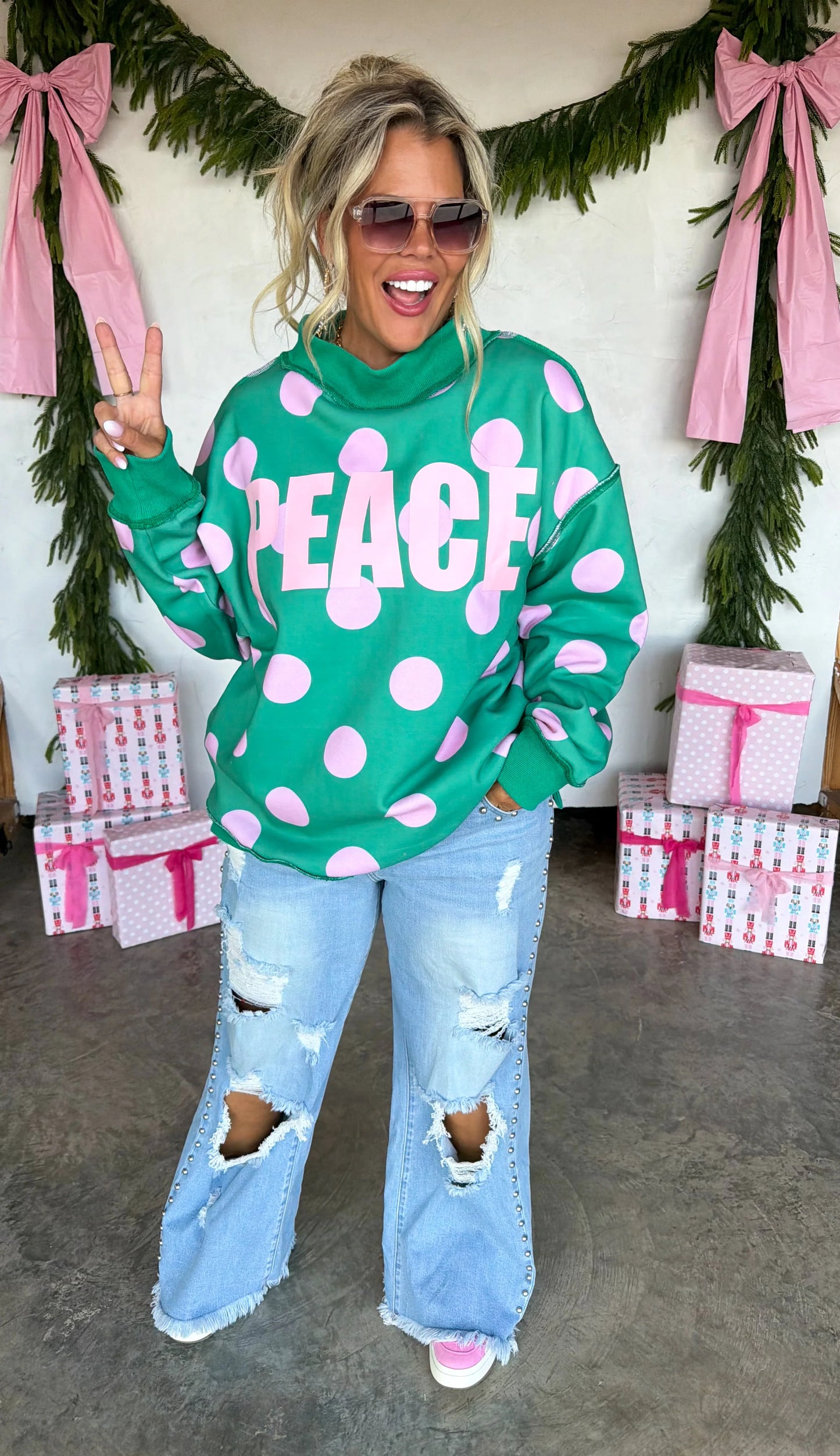 PREORDER- PEACE & POLKA DOT MOCK NECK PULLOVER