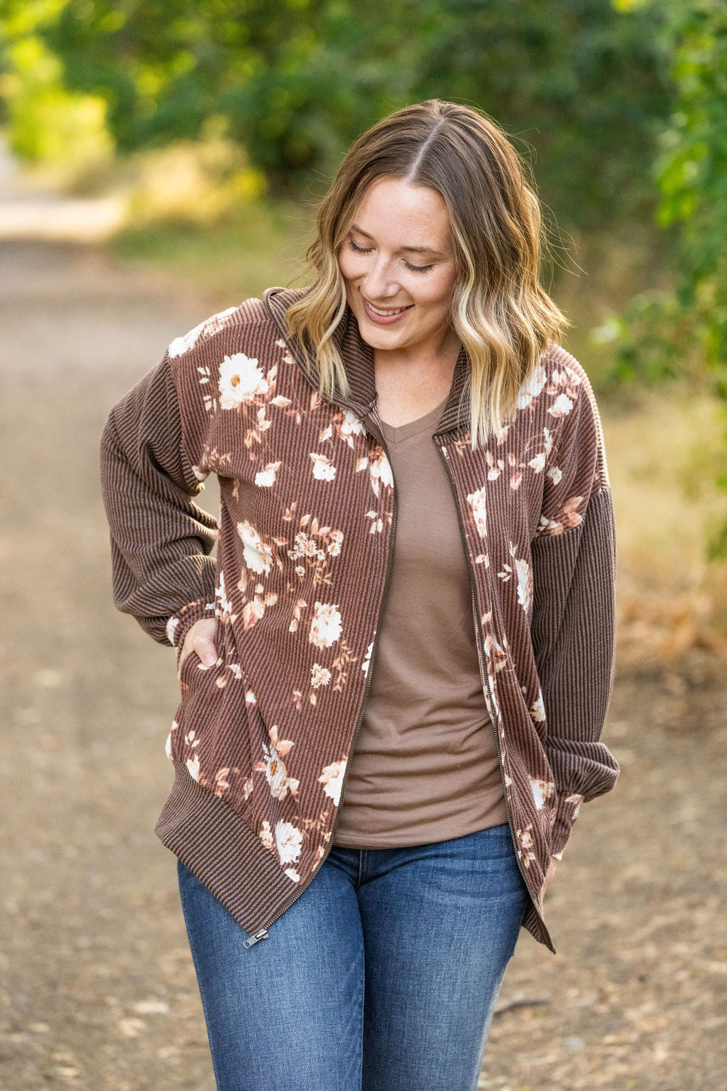 IN STOCK Ramona Ribbed Floral Zip Up - Brown