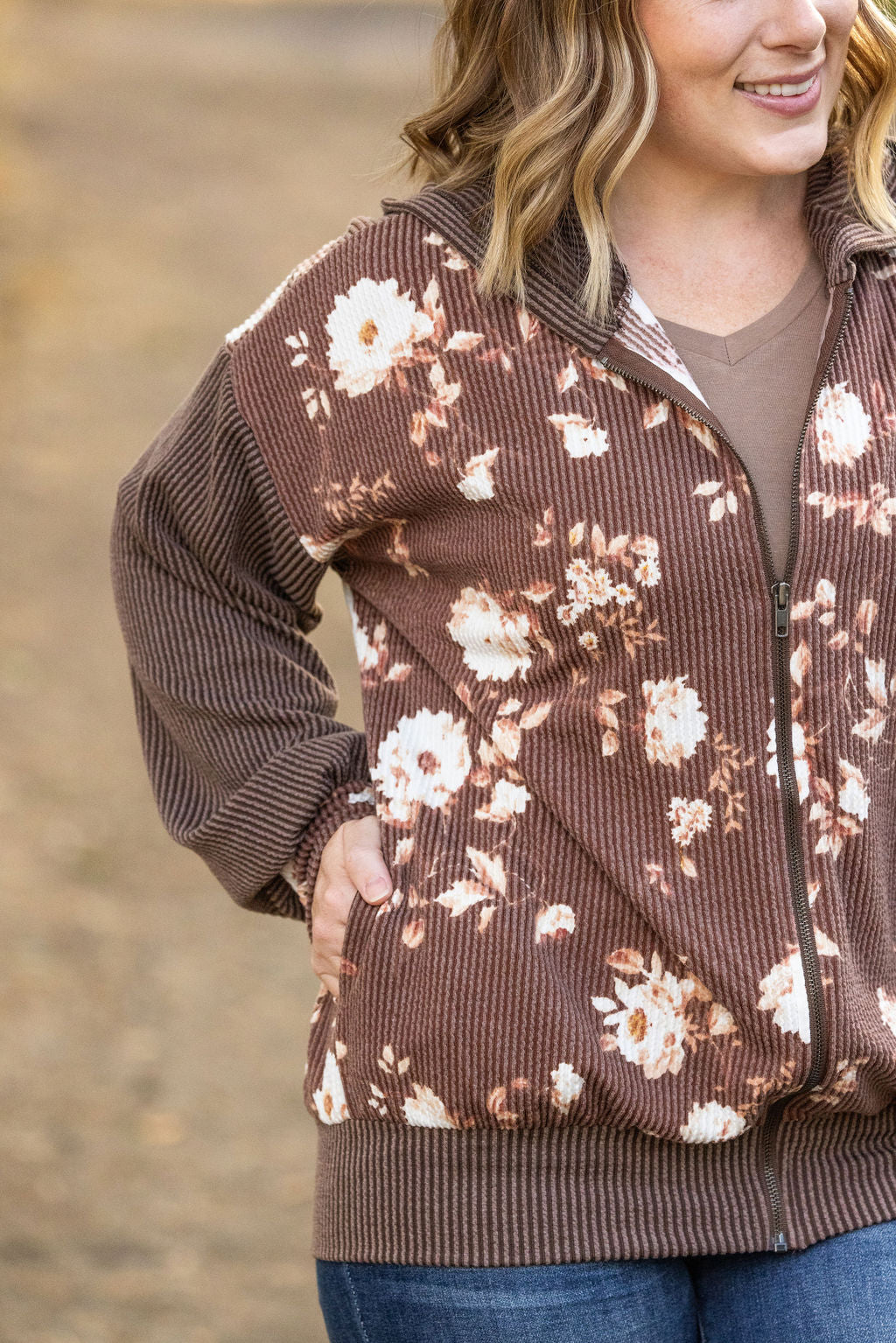 IN STOCK Ramona Ribbed Floral Zip Up - Brown