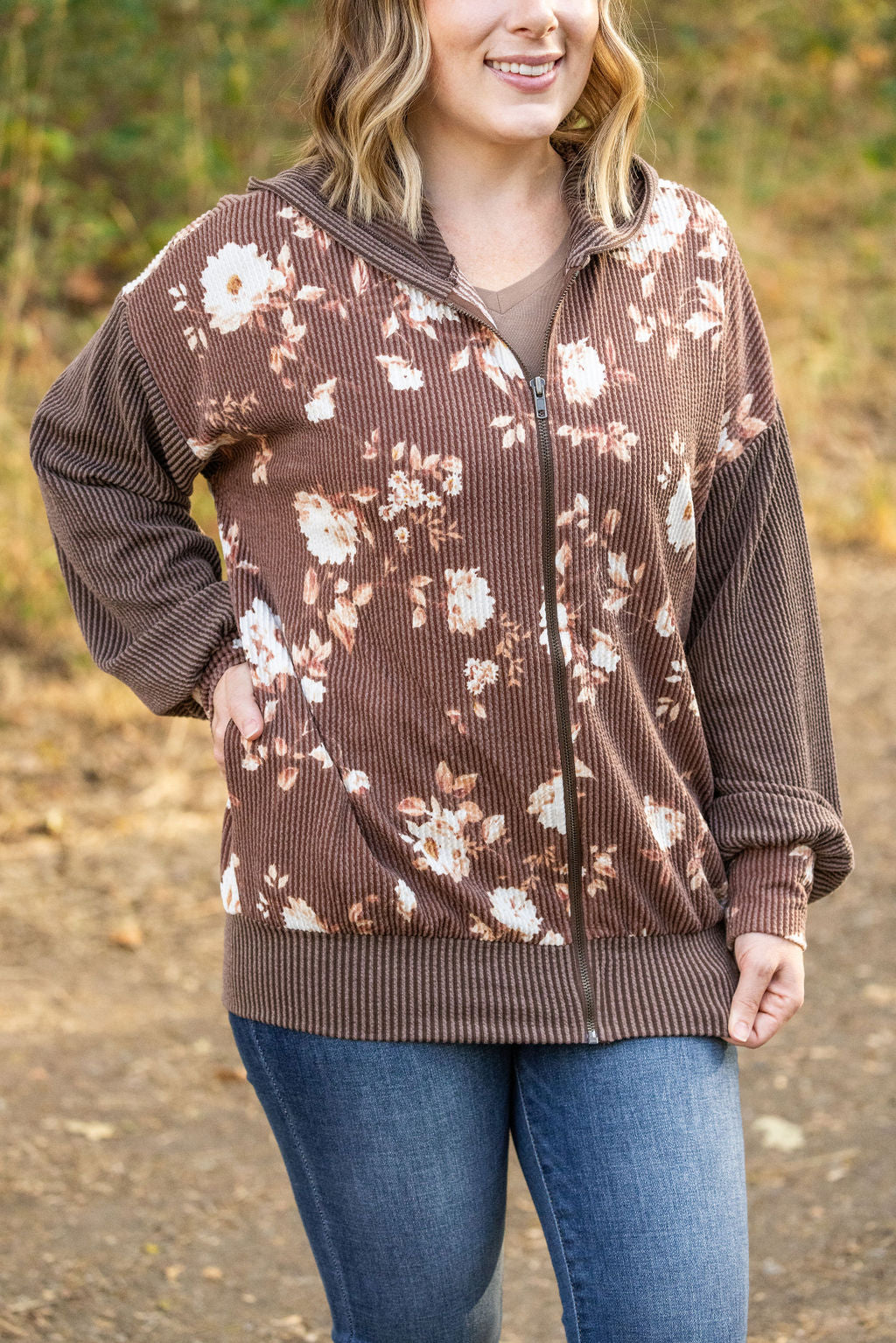 IN STOCK Ramona Ribbed Floral Zip Up - Brown