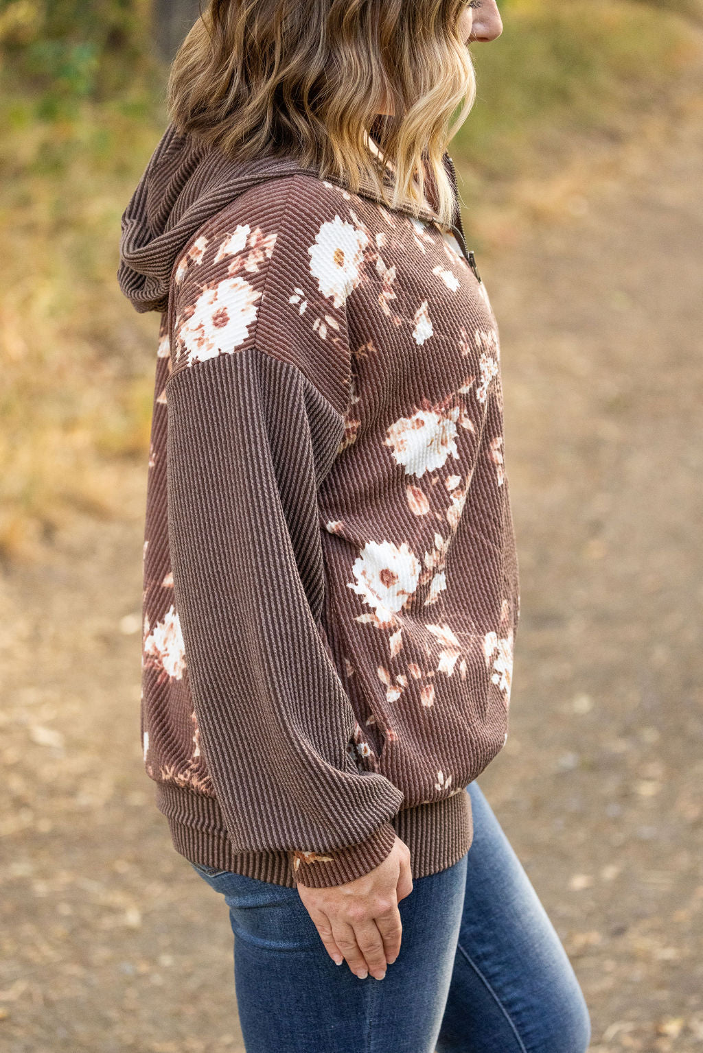 IN STOCK Ramona Ribbed Floral Zip Up - Brown