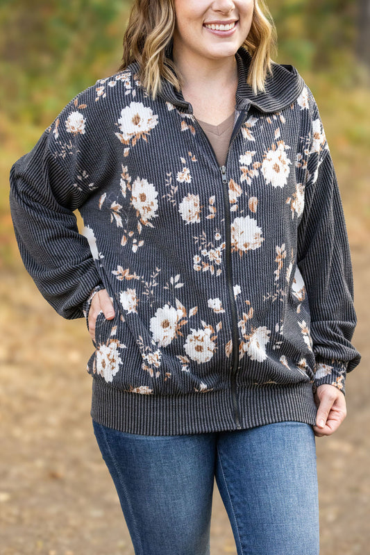 IN STOCK Ramona Ribbed Floral Zip Up - Black