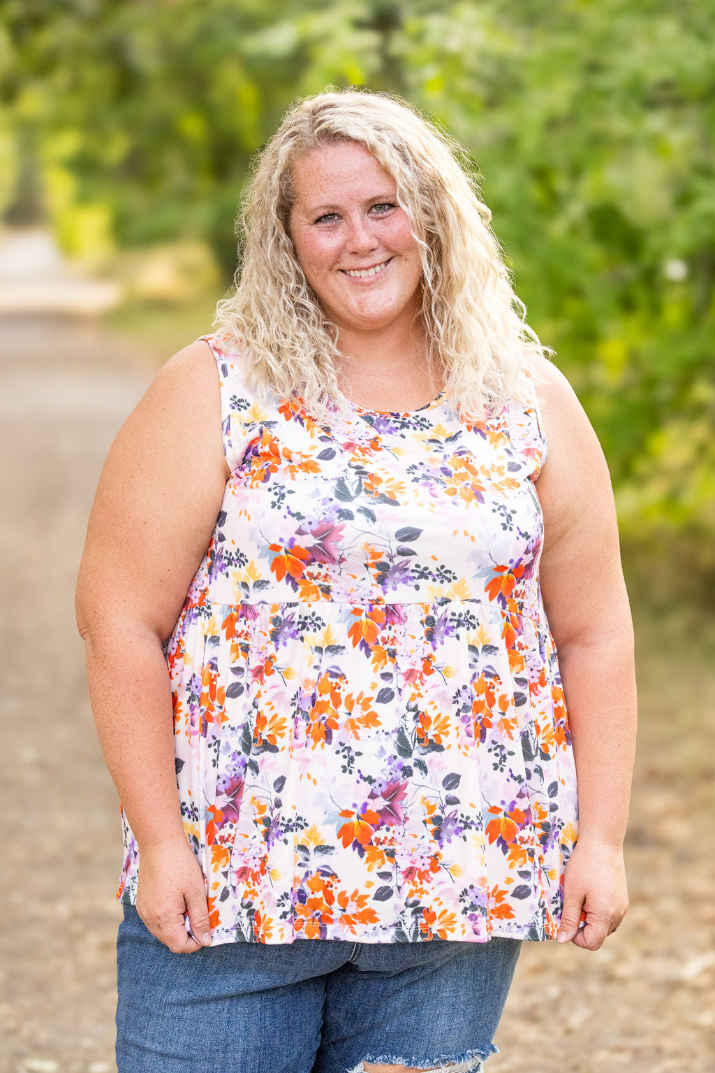 IN STOCK Renee Ruffle Tank - Fall Floral Leaves