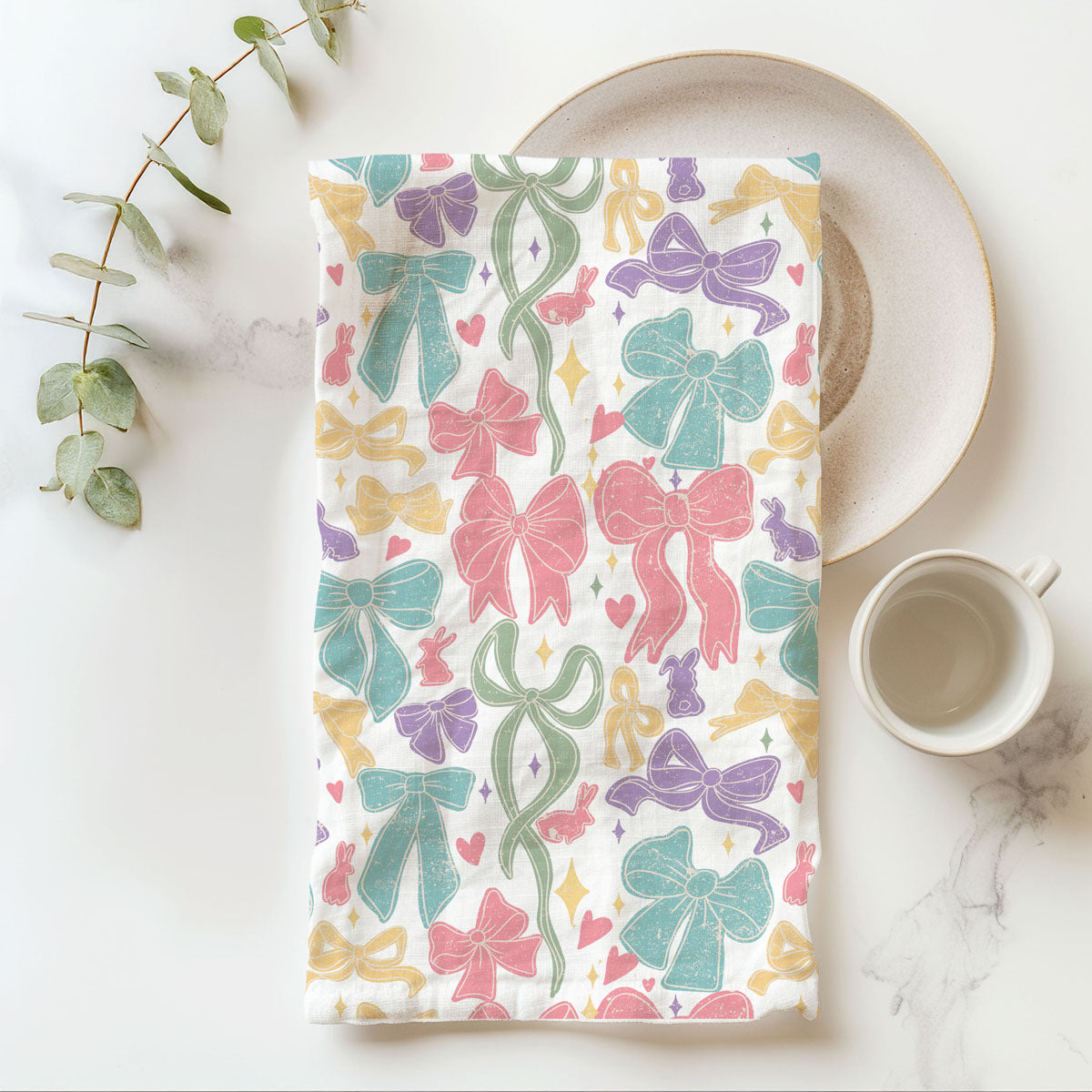 Spring ribbon kitchen towel colorful bow bunny design
Cottagecore Easter towel pastel bows ribbons
Farmhouse bow kitchen towel spring bunny pattern