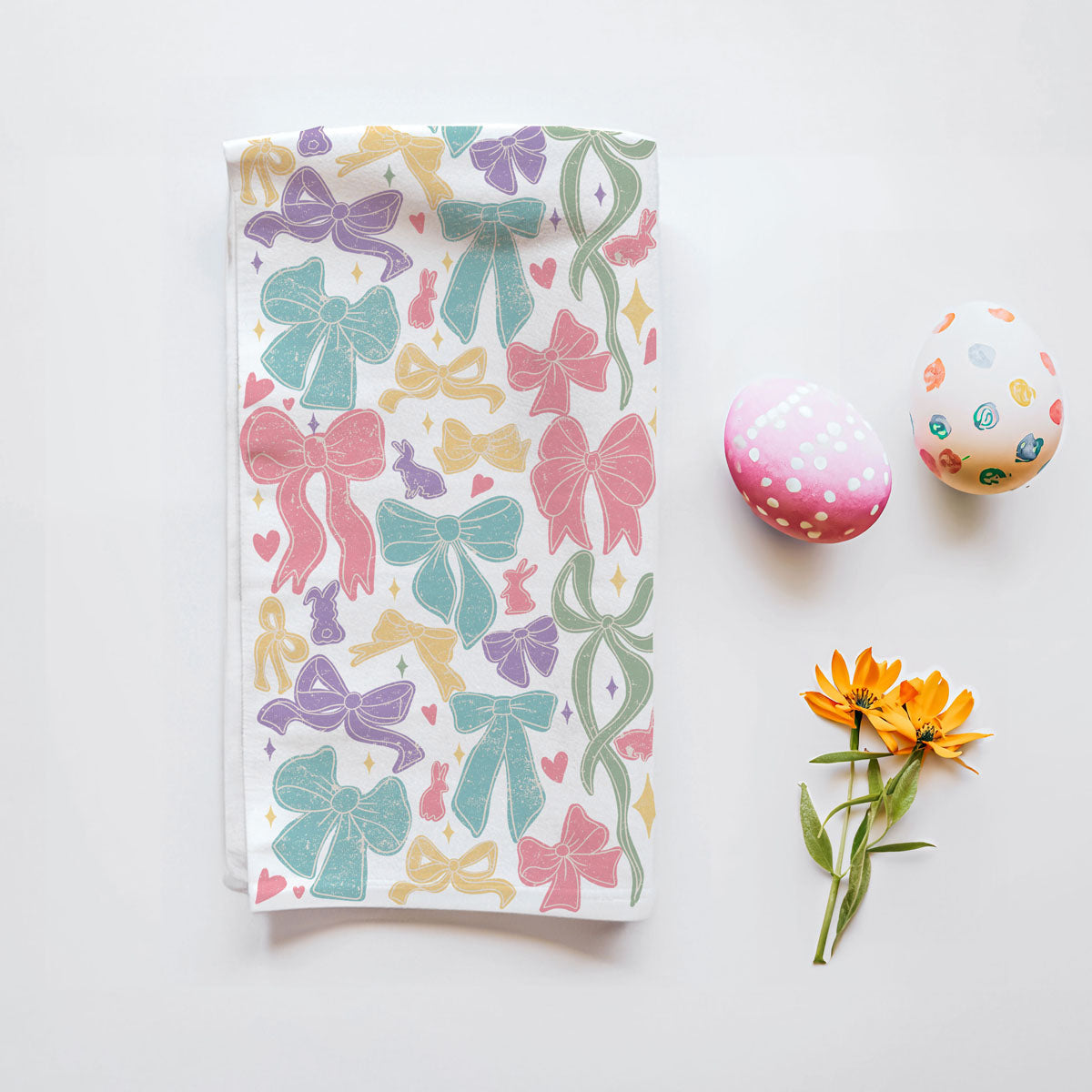pastel bow and bunny kitchen towel
easter ribbon and bow dish towel
colorful spring flour sack towel
girly pastel kitchen decor towel
cottagecore bow and bunny towel
retro pastel ribbon kitchen towel