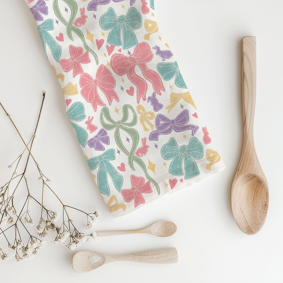 Absorbent flour sack towel pastel bow bunny design
17.5 inch bow ribbon kitchen towel Easter spring
180GSM cotton kitchen towel pastel bow pattern
Machine washable bow bunny kitchen towel spring