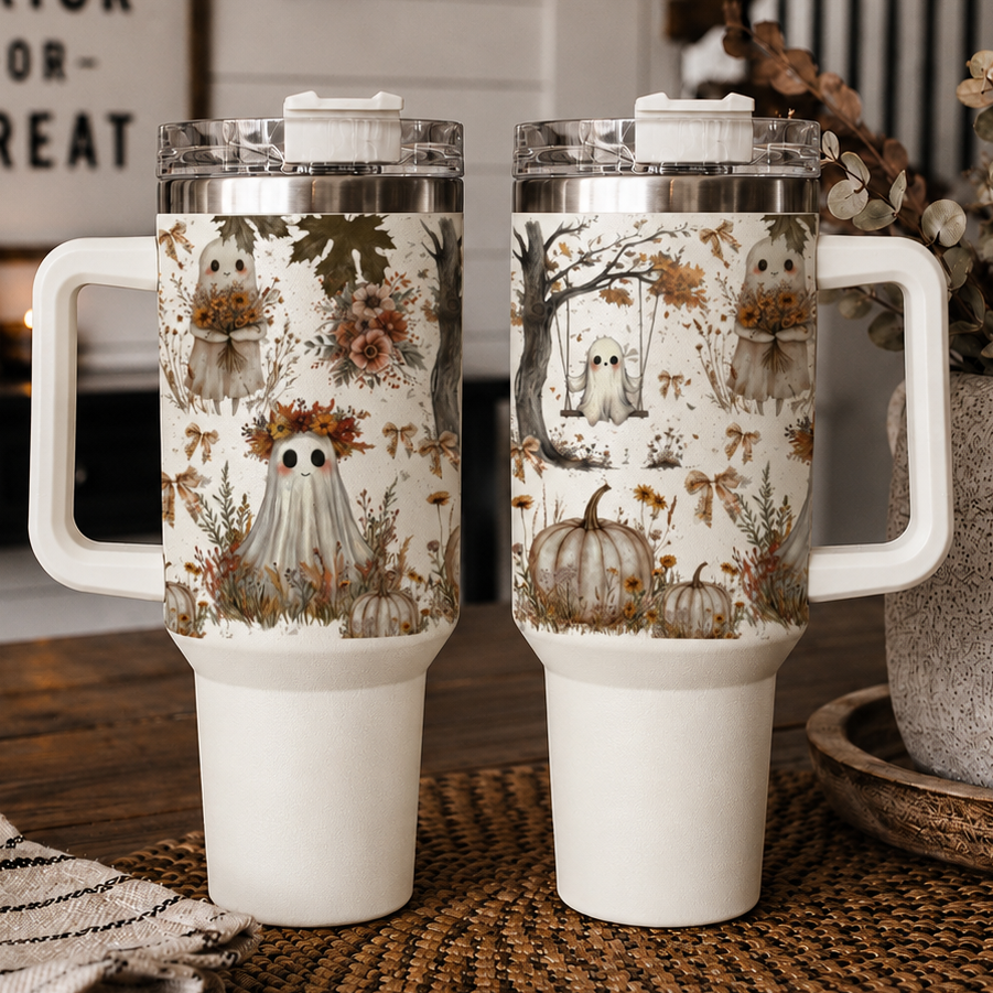Neutral Halloween cup with pumpkin and ghost cottagecore design
Fall tumbler with whimsical ghosts autumn leaves and pumpkins
40oz autumn tumbler with ghost and pumpkin floral wrap
Boho Halloween gift tumbler for fall coffee lovers
Cute ghost tumbler gift for Halloween and autumn lovers
Fall floral tumbler gift with pumpkins and ghost artwork