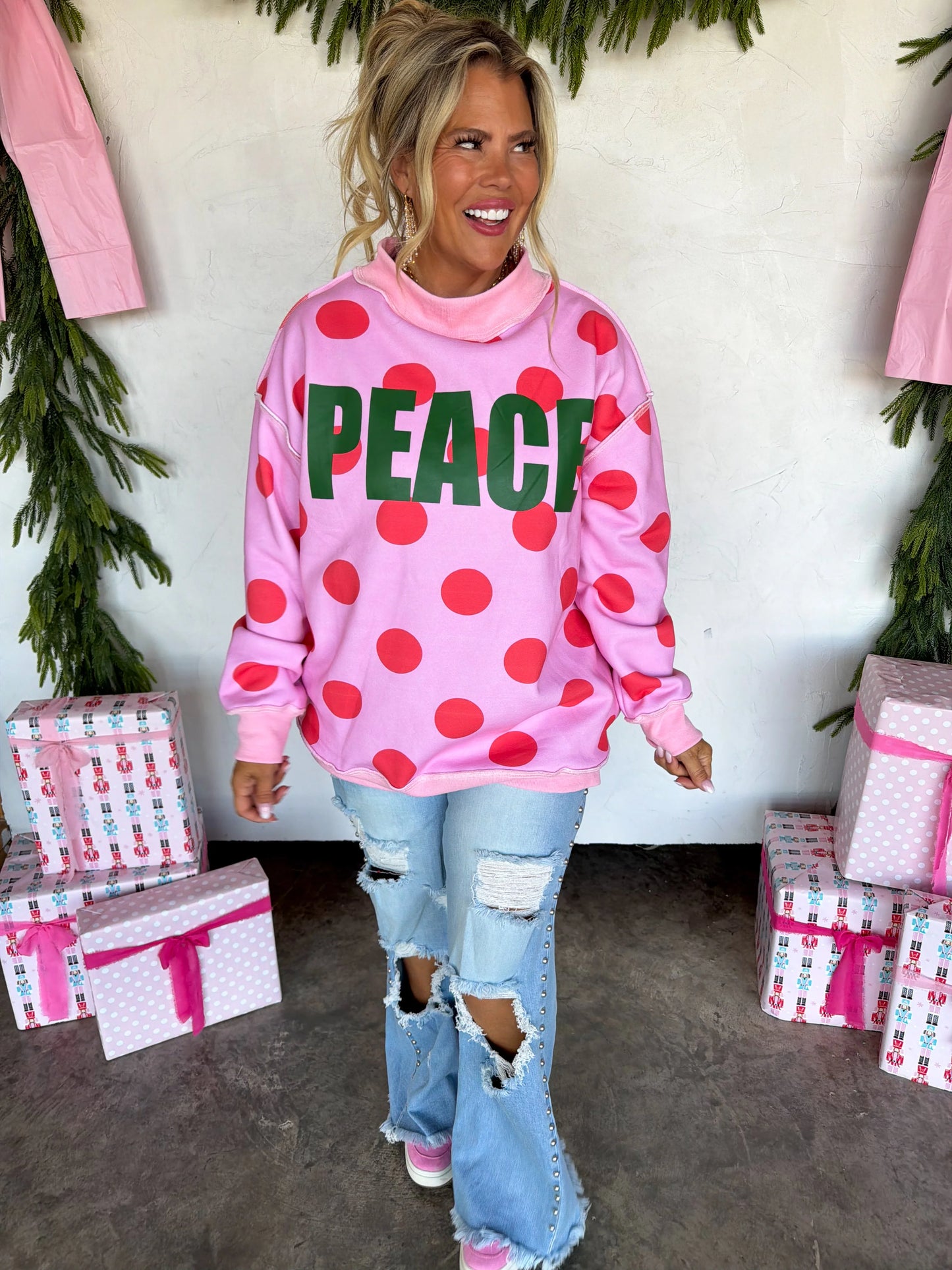 PREORDER- PEACE & POLKA DOT MOCK NECK PULLOVER