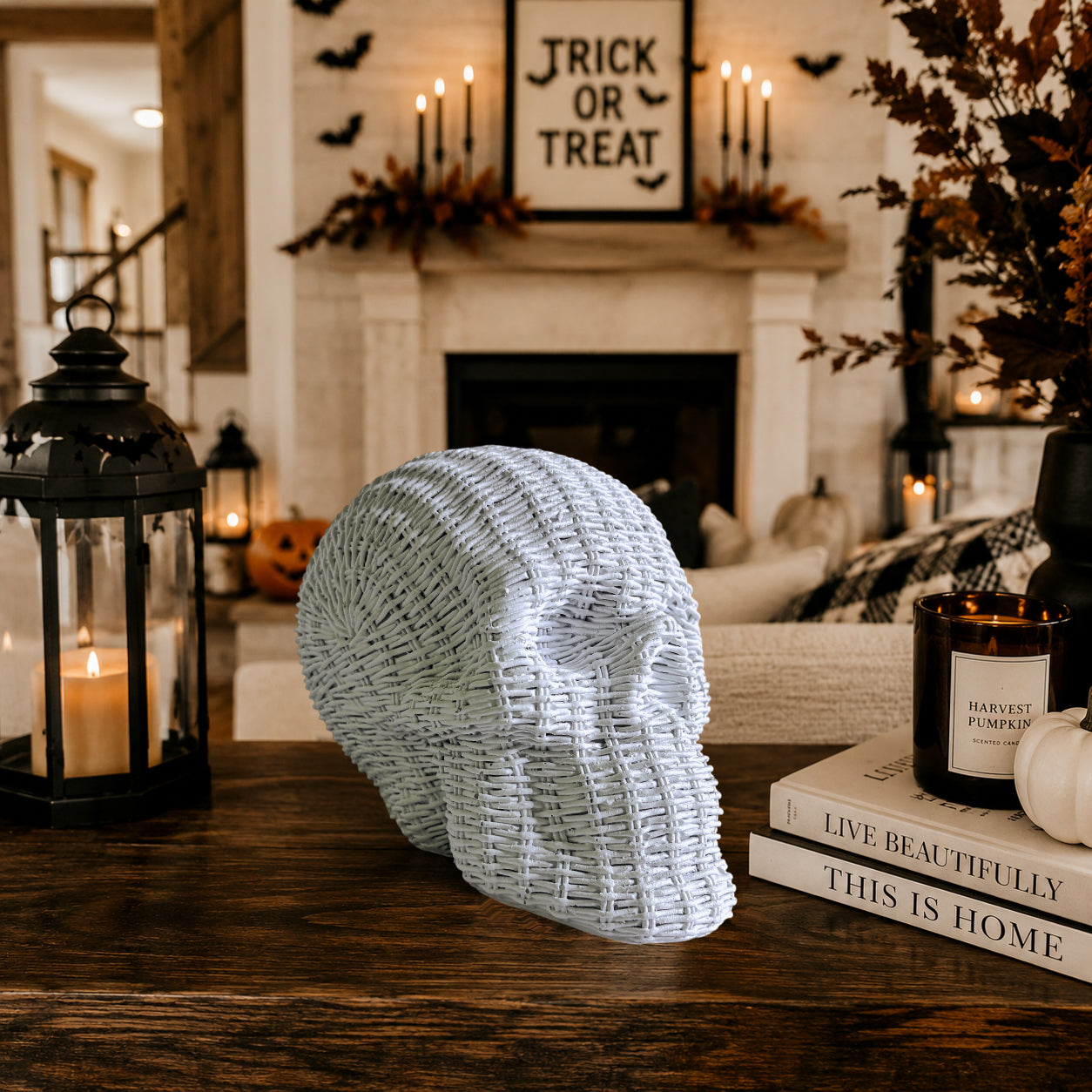 indoor outdoor skull heads rattan basketweave texture neutral brown white halloween fall decor wicker style
designer skull heads rattan basketweave style resin neutral brown white halloween fall table accent wicker look
