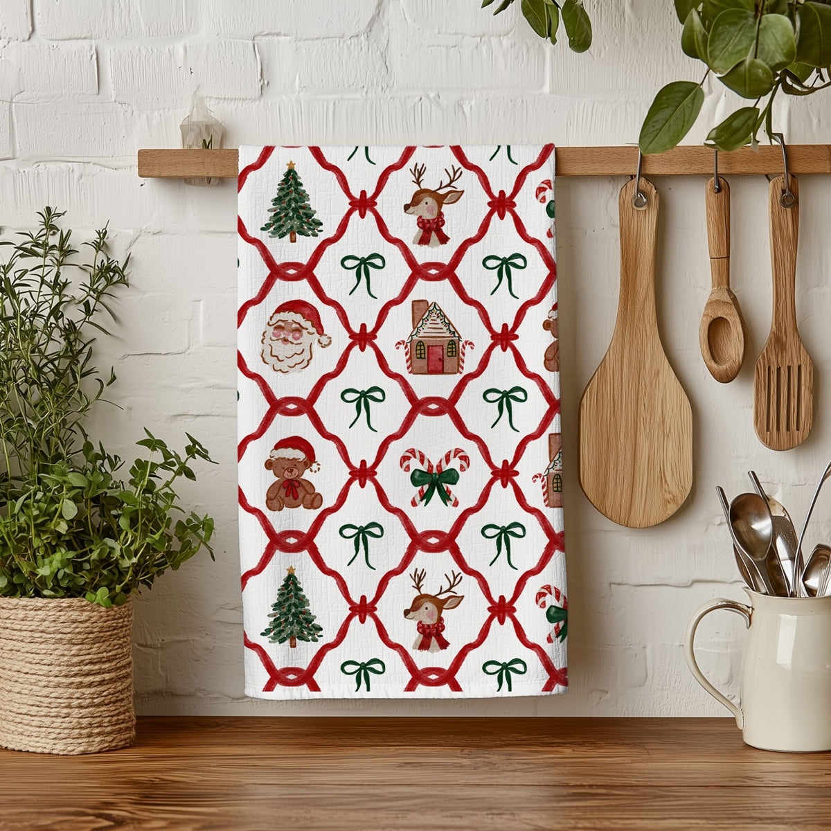 18x29 christmas towel with candy cane and santa illustrations
Holiday themed kitchen decor
Christmas kitchen theme accessories
Holiday kitchen theme towel
Christmas themed kitchen styling