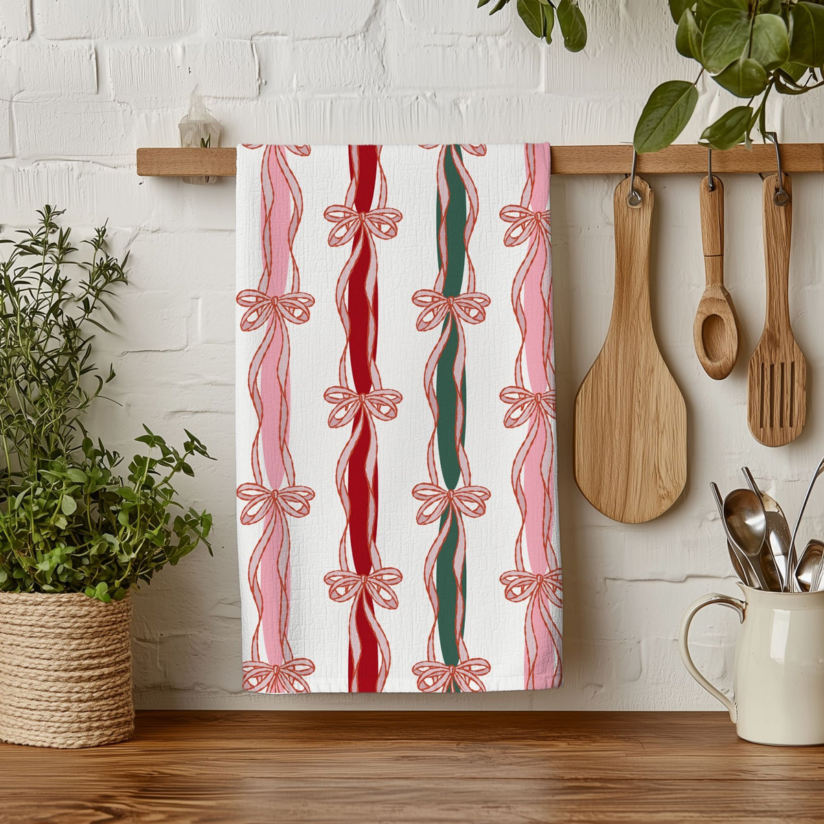 Designer bow holiday kitchen towel
Christmas aesthetic kitchen accessories
Designer holiday kitchen decor towel