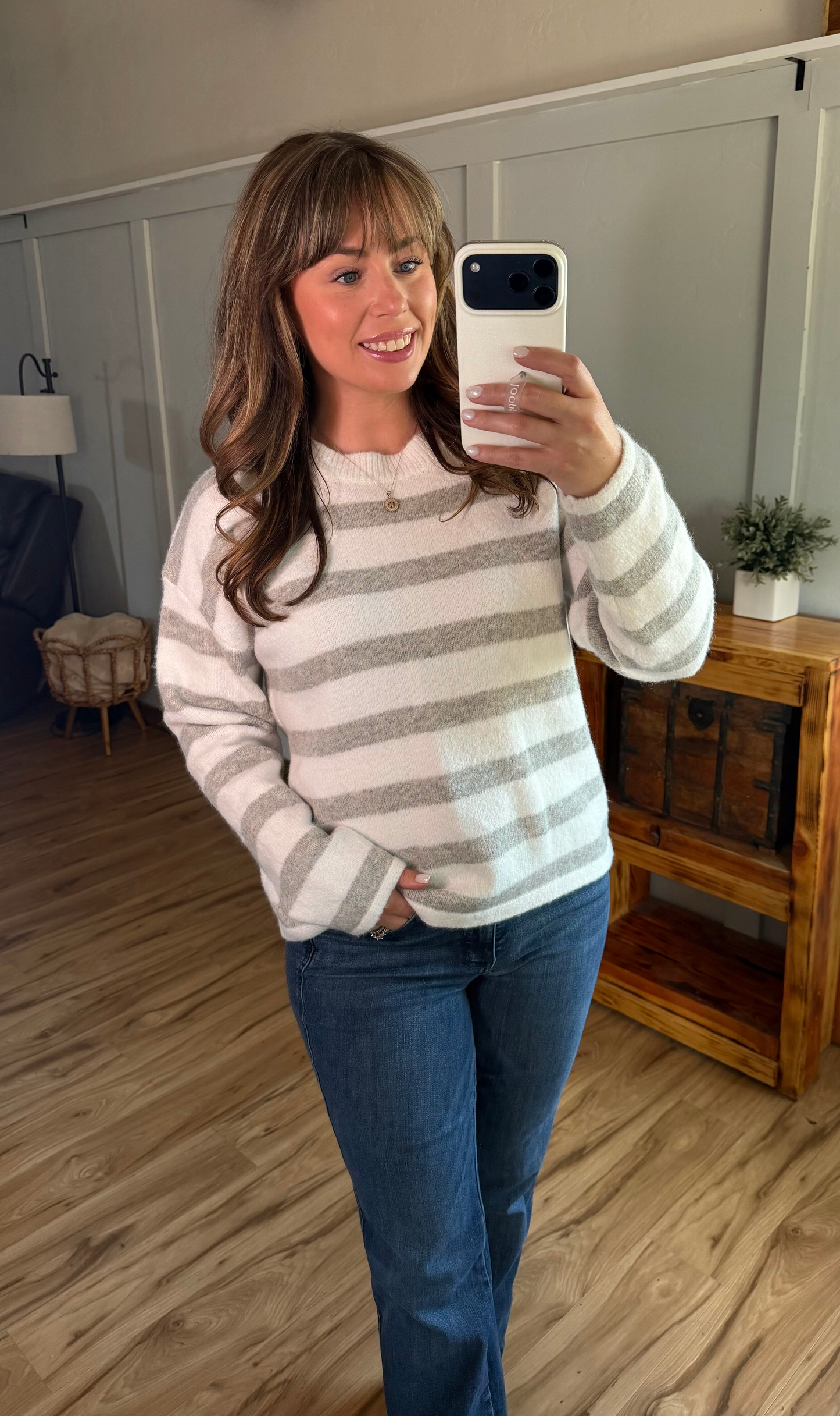 IN STOCK Cozy Stripe Sweater - Grey and White