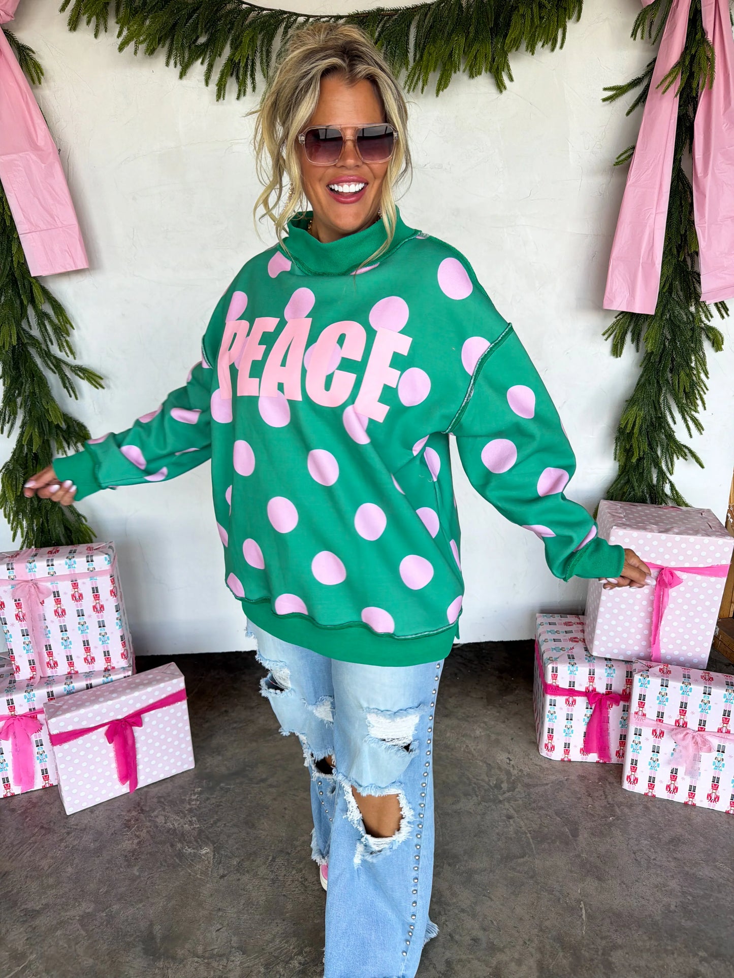 PREORDER- PEACE & POLKA DOT MOCK NECK PULLOVER