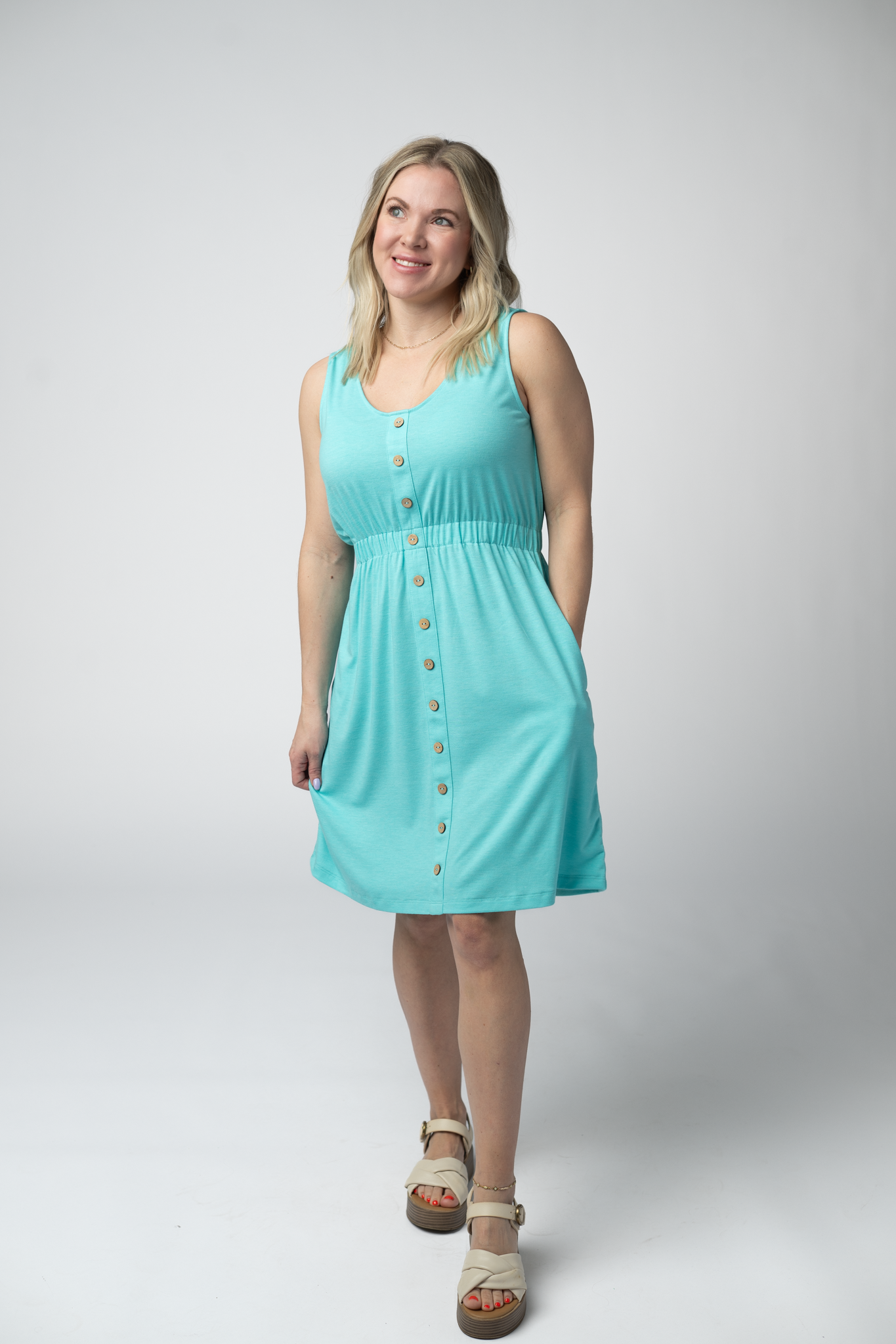 IN STOCK Beverly Button Dress - Aqua