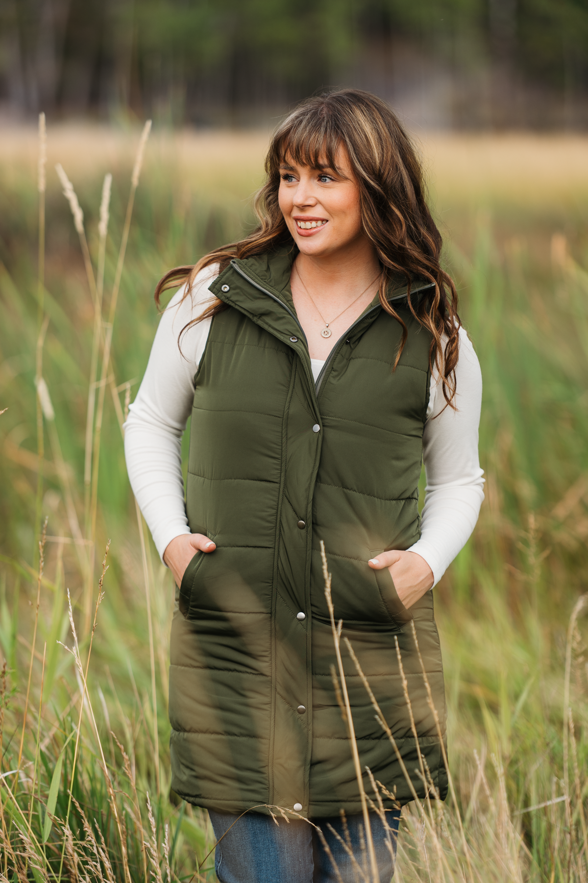 IN STOCK Harlow Long Vest - Dark Olive