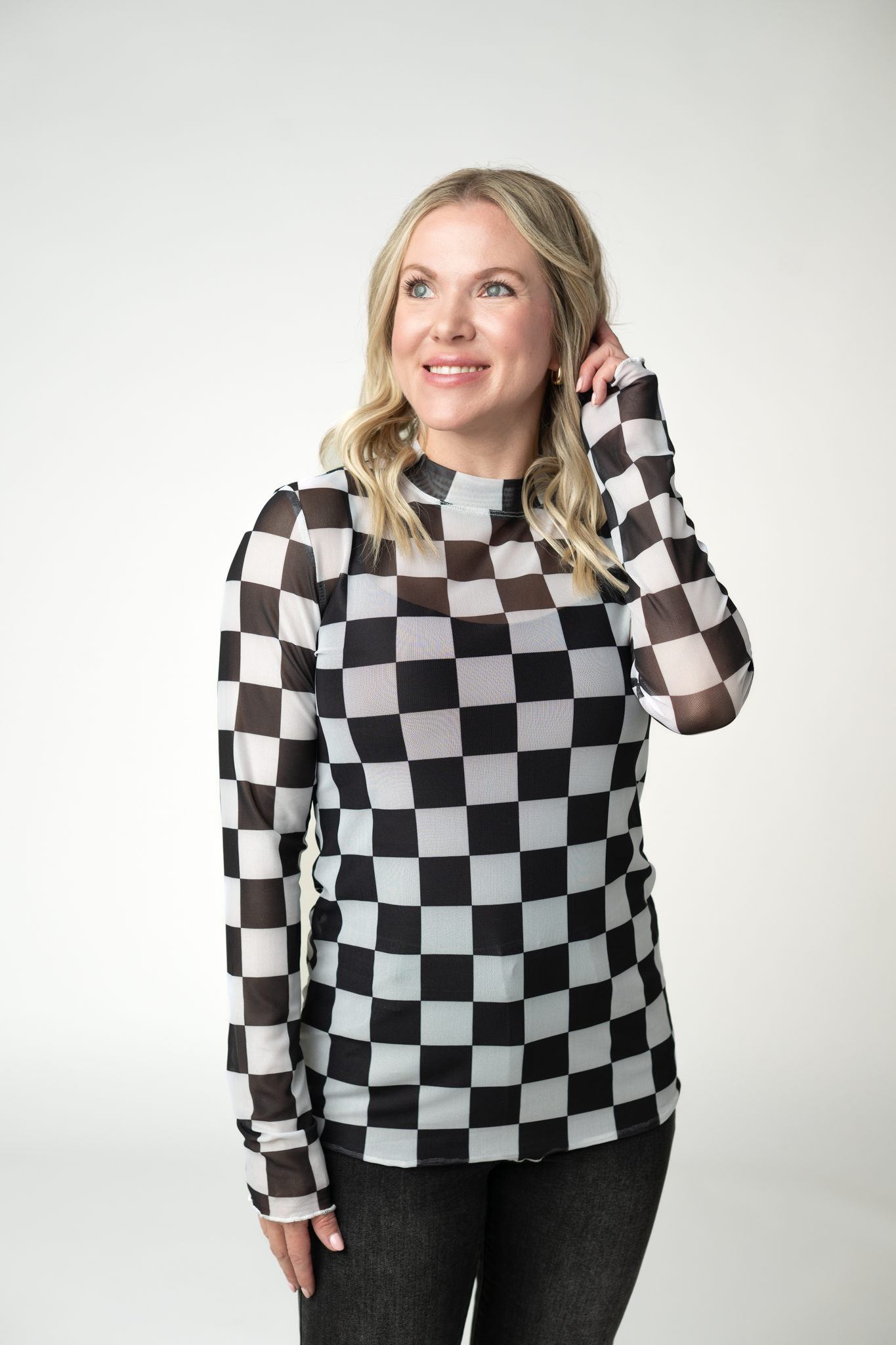 IN STOCK Blair Mesh Long Sleeve Top - Black and White Checkers