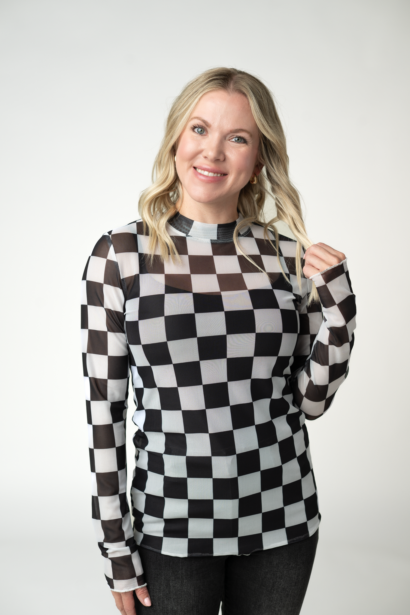 IN STOCK Blair Mesh Long Sleeve Top - Black and White Checkers