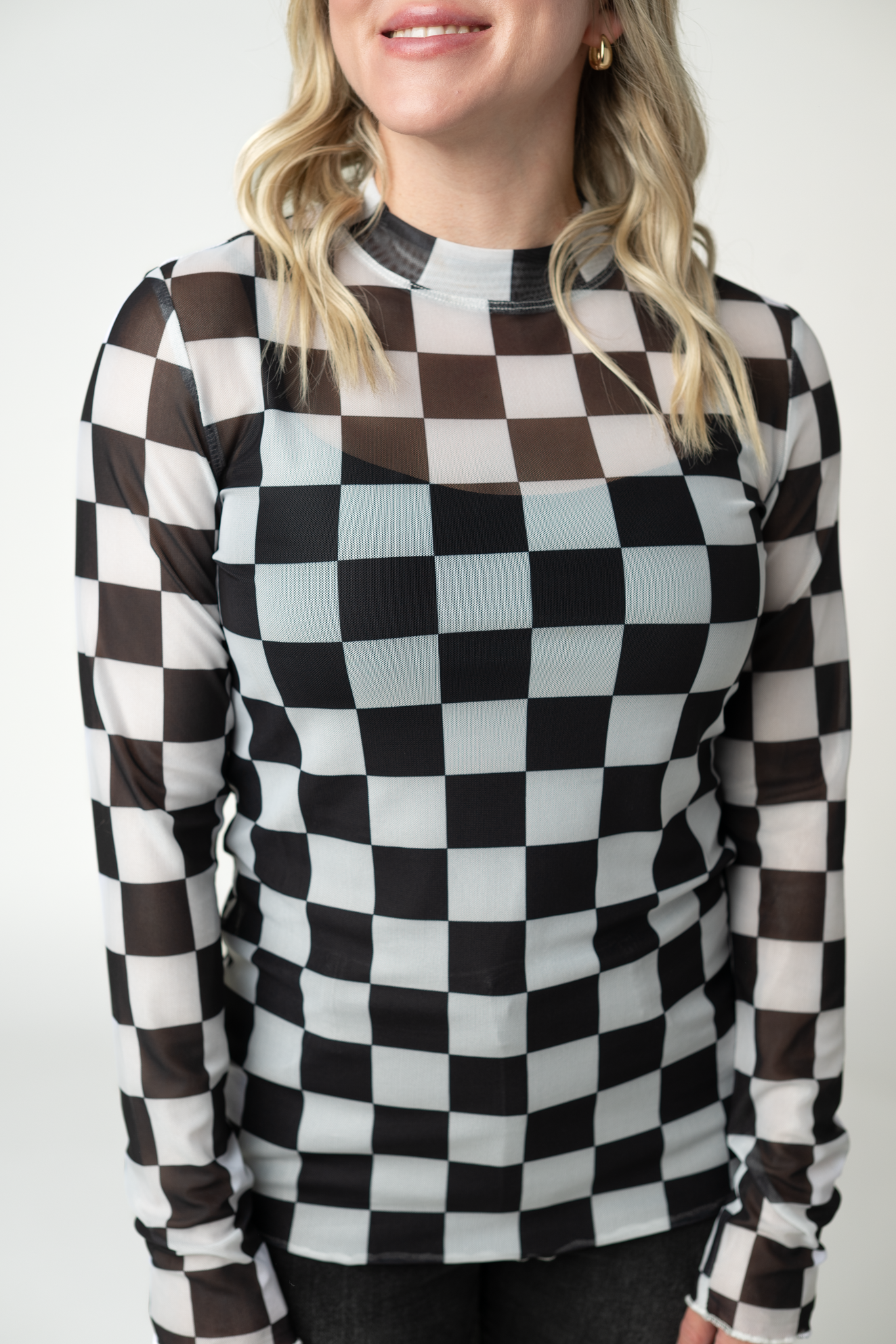IN STOCK Blair Mesh Long Sleeve Top - Black and White Checkers