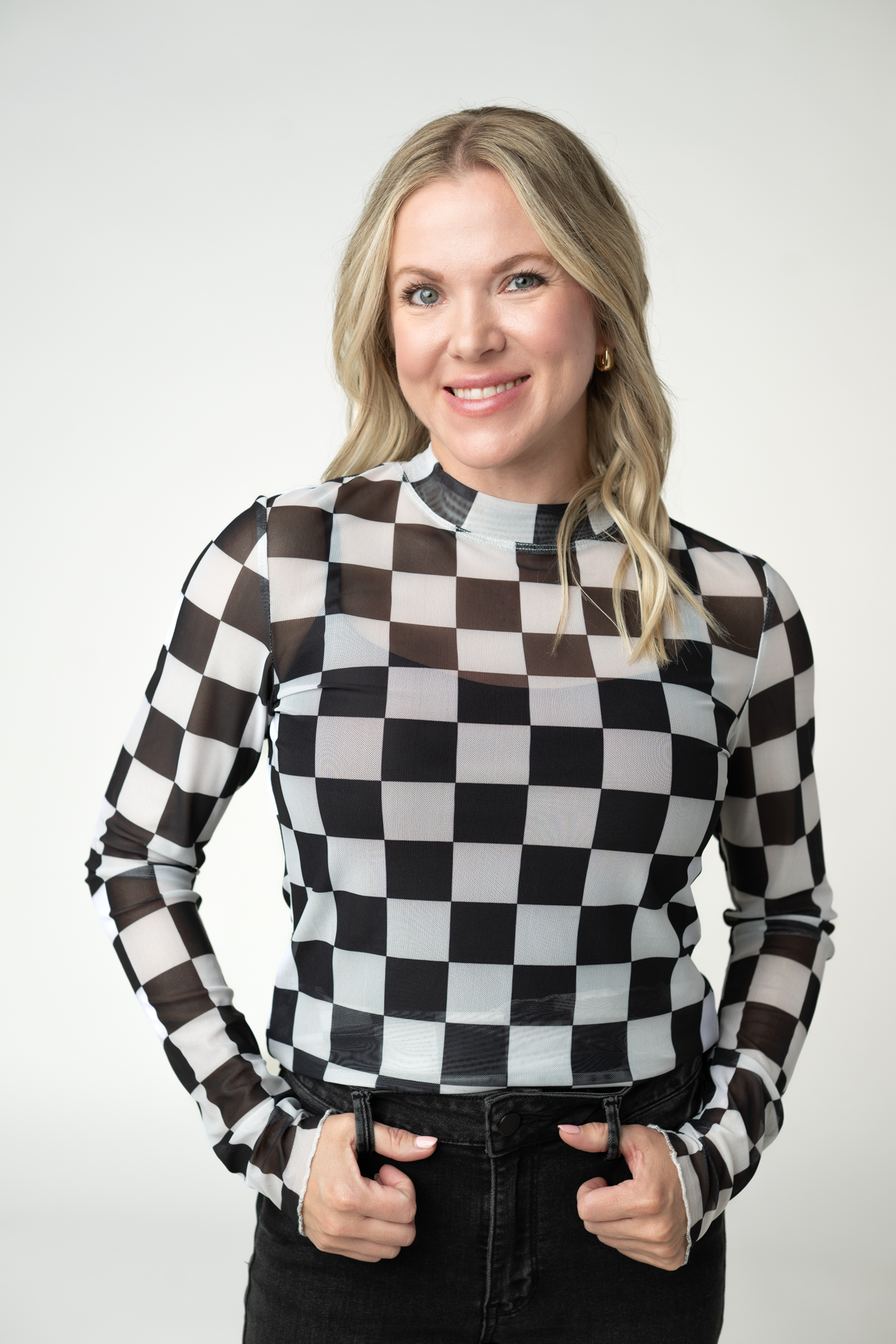 IN STOCK Blair Mesh Long Sleeve Top - Black and White Checkers