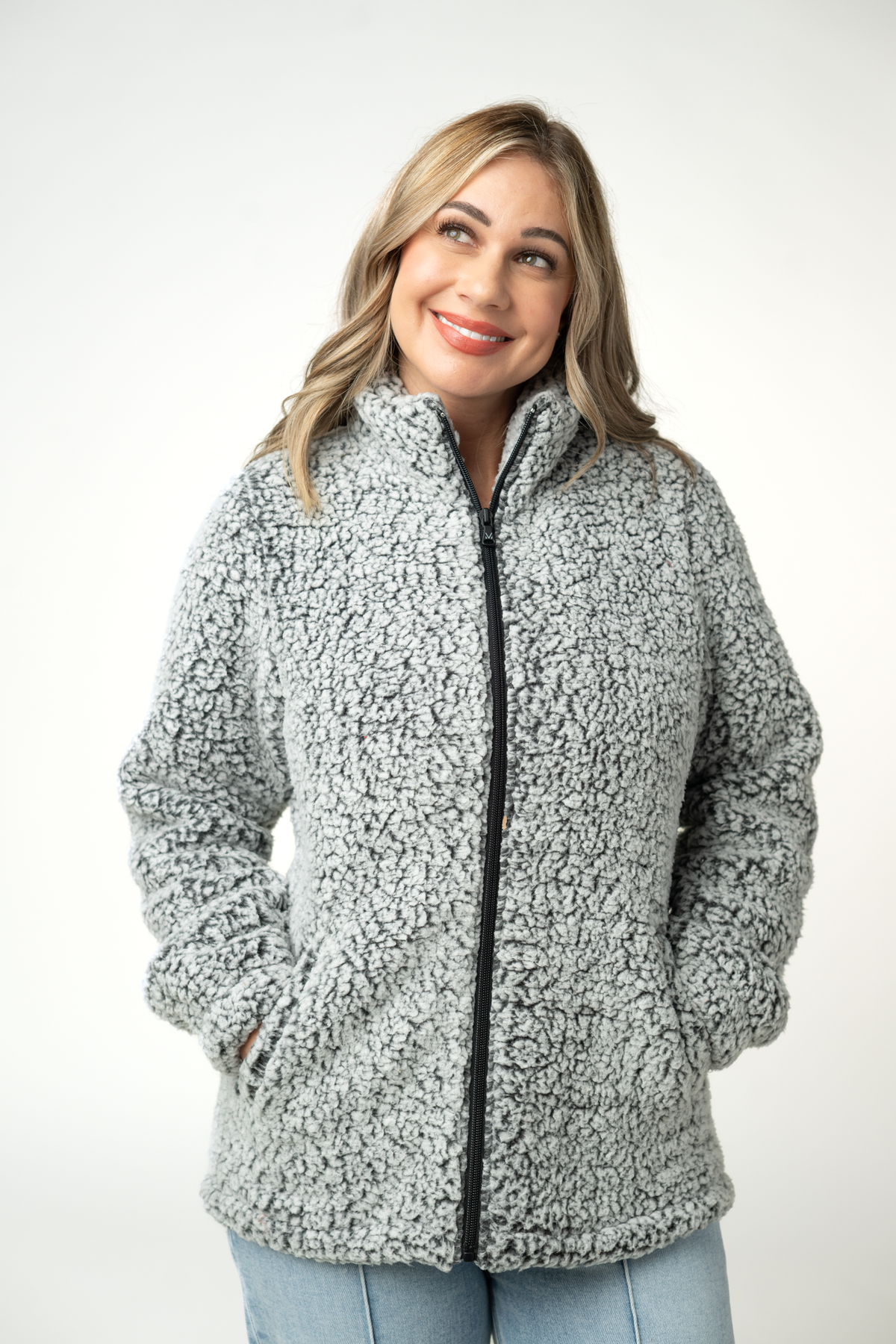 IN STOCK Two Tone Fullzip Sherpa - Charcoal and White