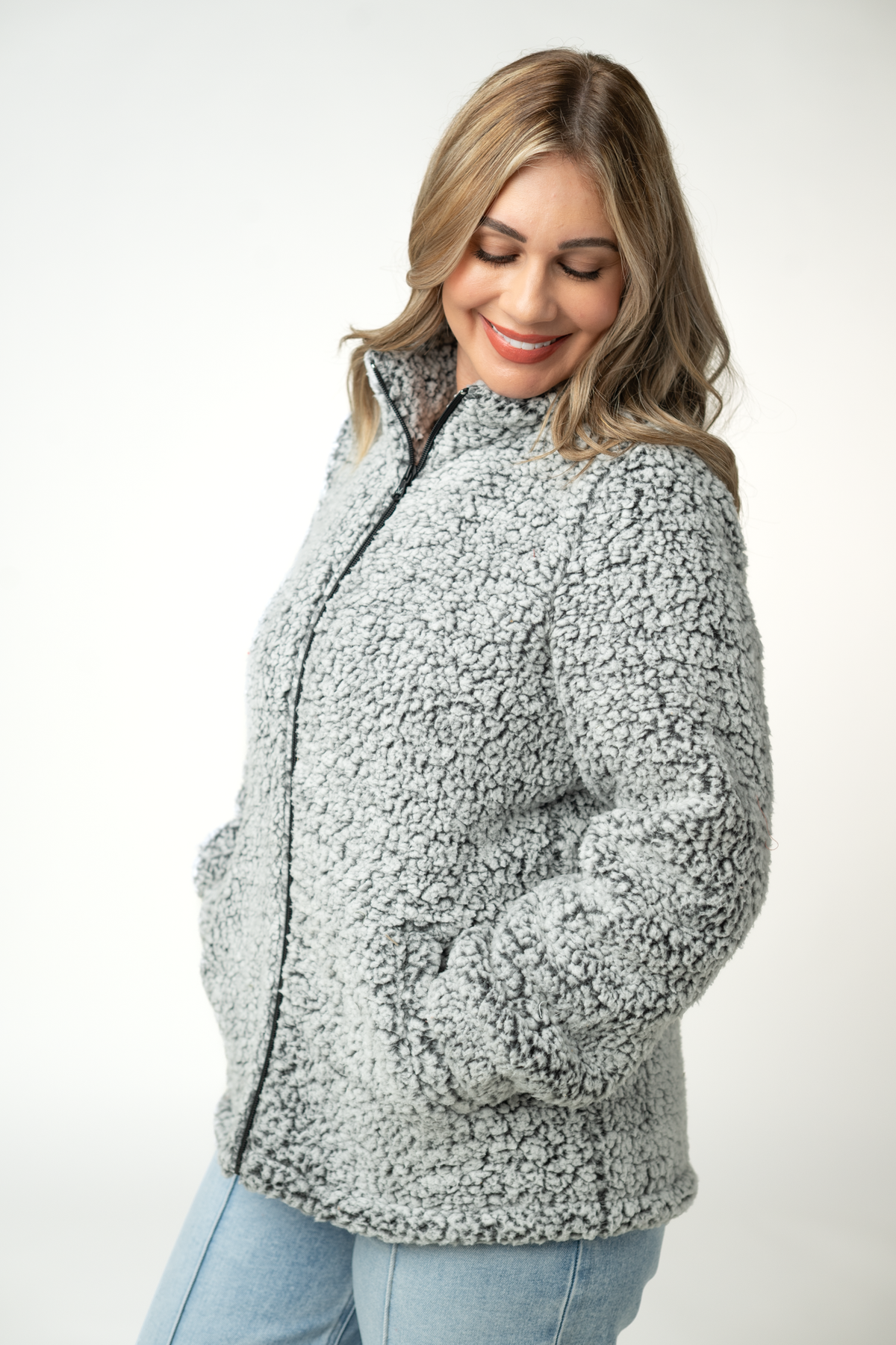IN STOCK Two Tone Fullzip Sherpa - Charcoal and White