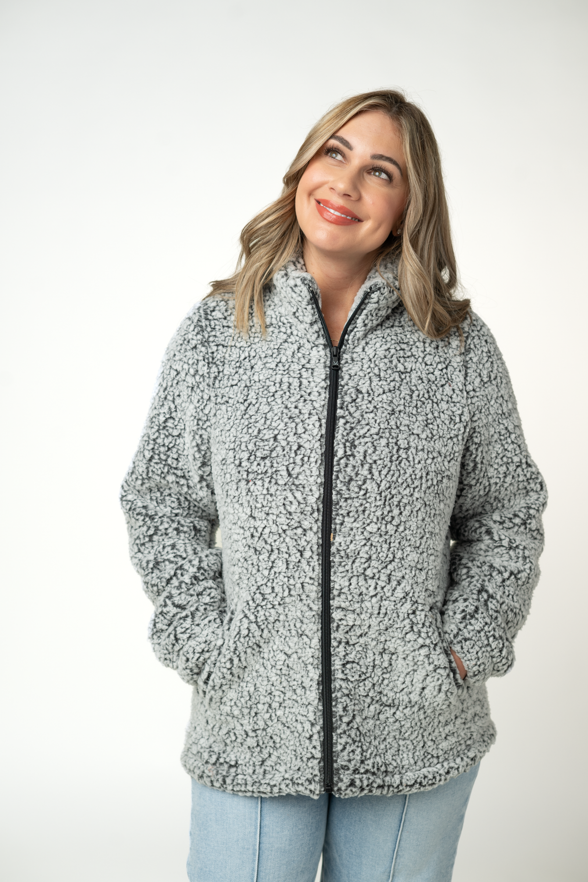 IN STOCK Two Tone Fullzip Sherpa - Charcoal and White