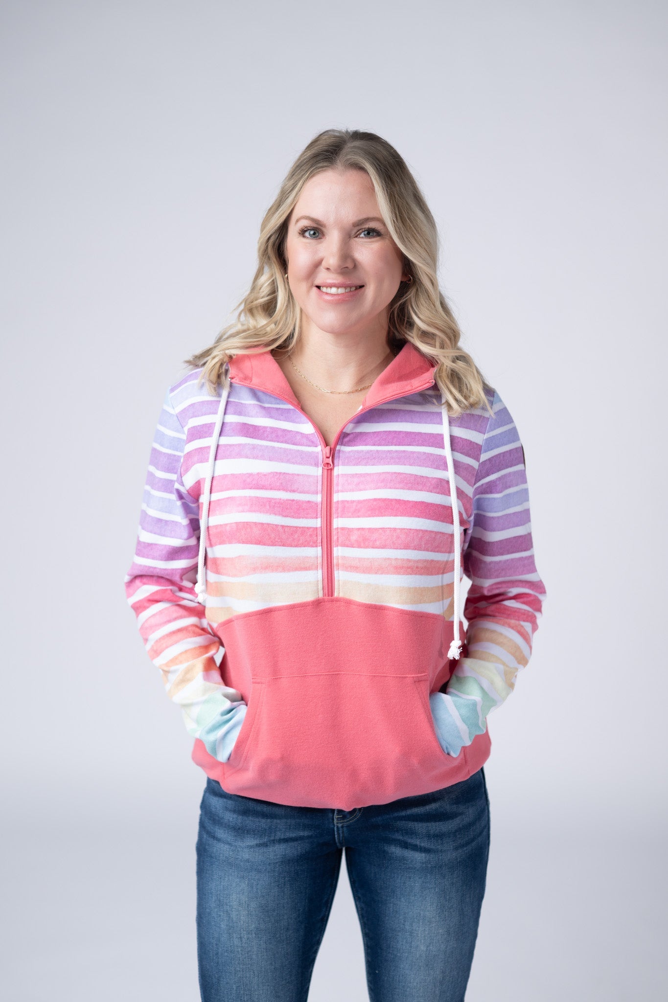 IN STOCK Classic Halfzip Hoodie - Rainbow Stripes and Sun Kissed Coral