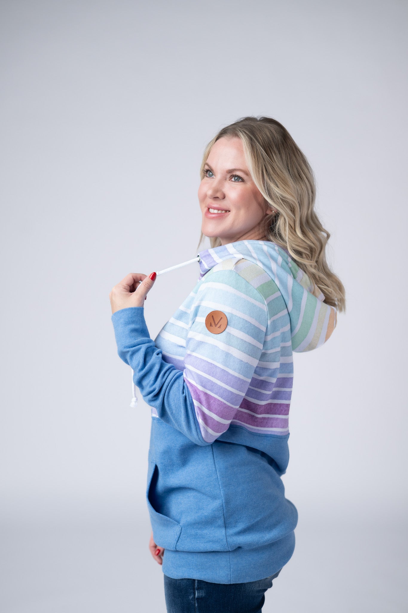 IN STOCK Hailey Pullover Hoodie - Rainbow Stripes and Blue