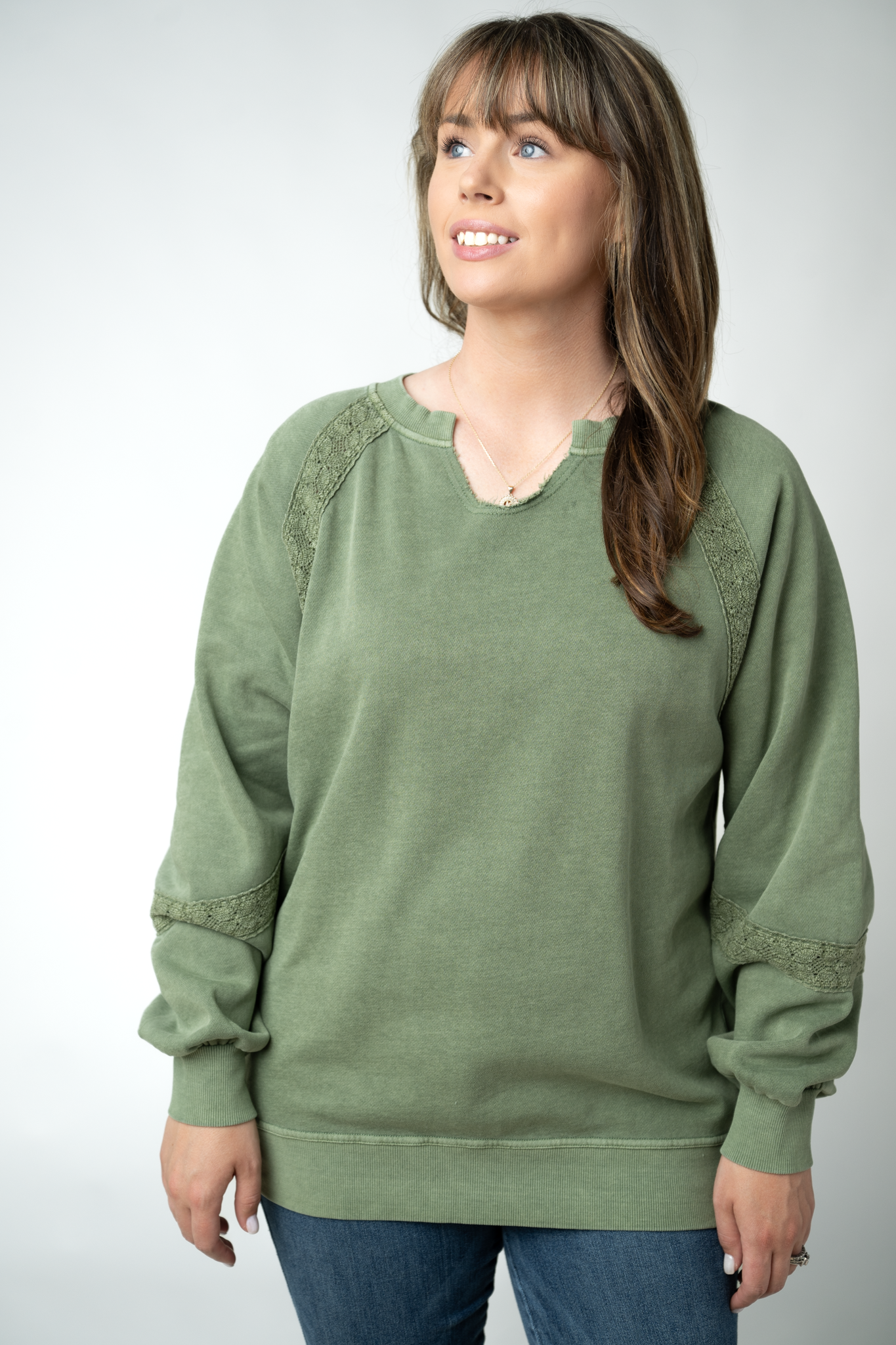 IN STOCK Lace Accent Vintage Wash Pullover - Olive