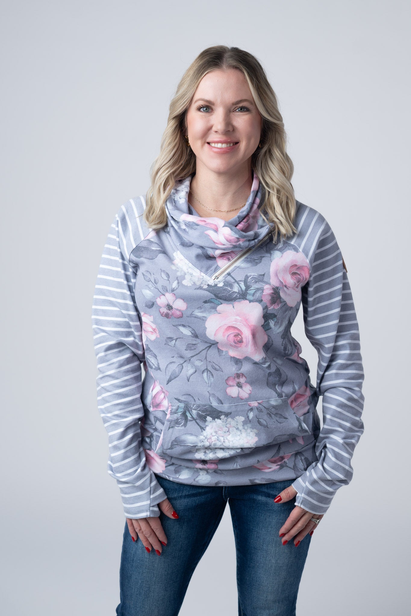 IN STOCK Classic Zoey ZipCowl Sweatshirt - Grey Floral and Stripes