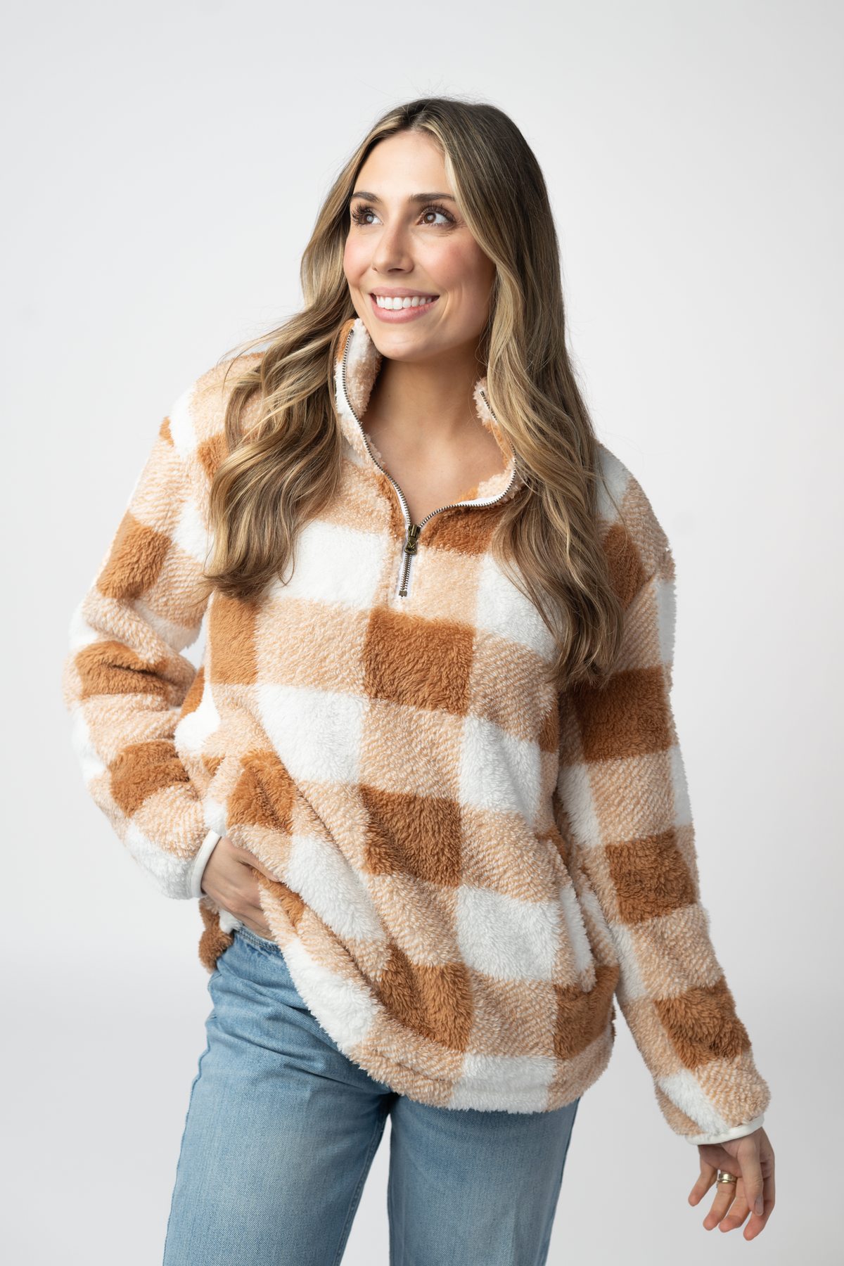 IN STOCK Sherpa Plaid Pullover - Camel