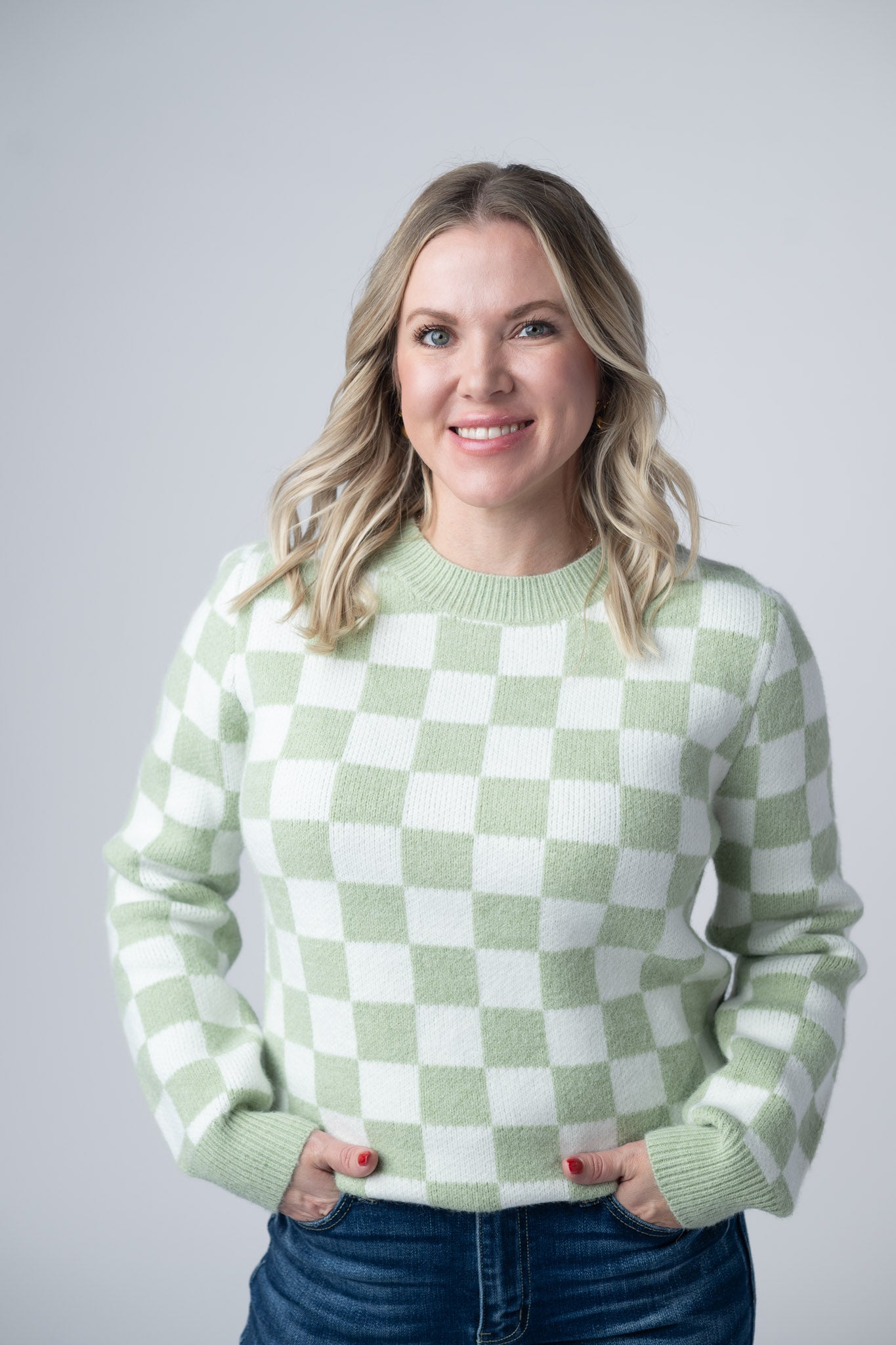 IN STOCK Checkered Sweater - Sage and White