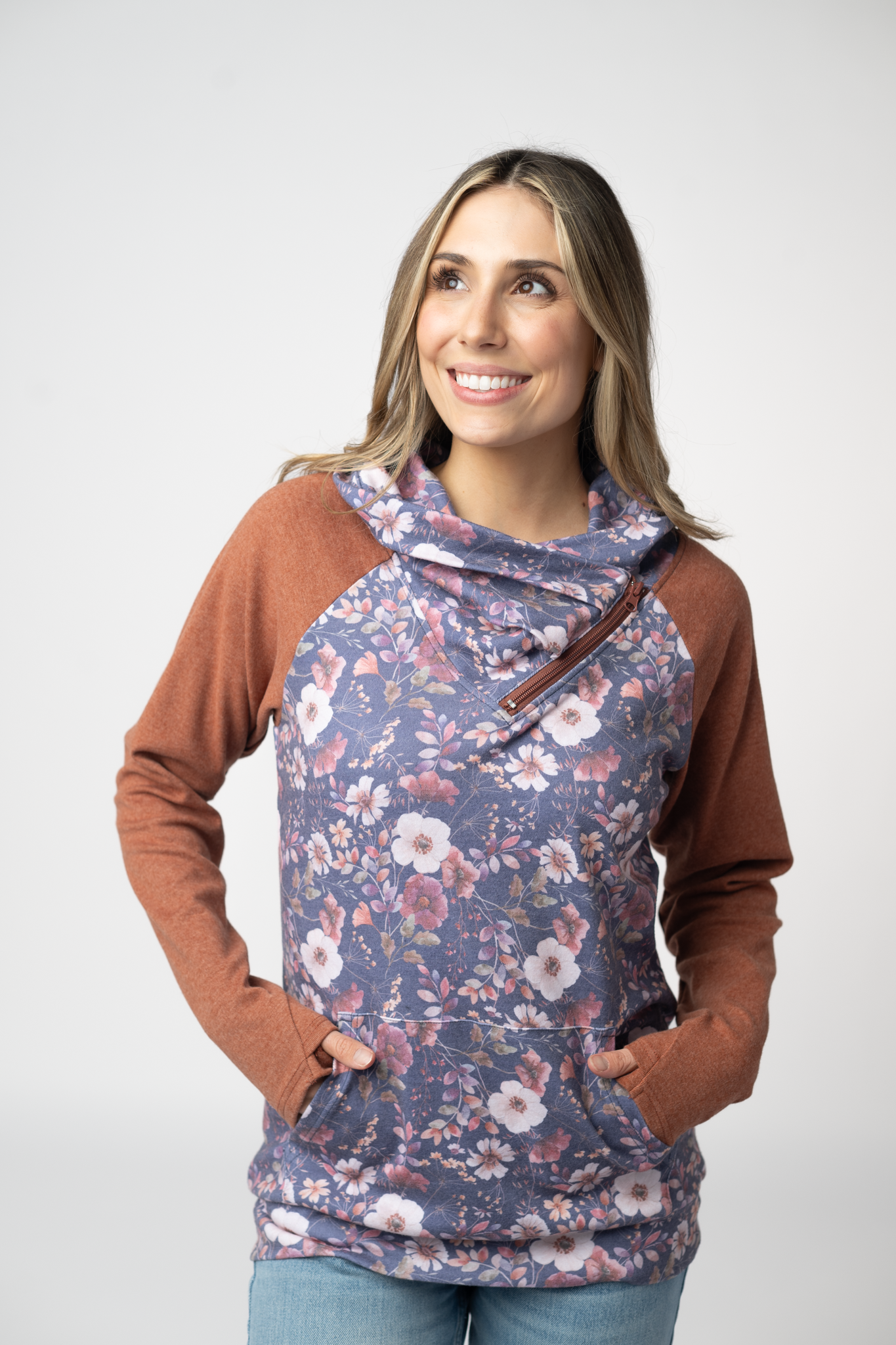 IN STOCK Classic Zoey ZipCowl Sweatshirt - Blushwood Floral and Terra Cotta