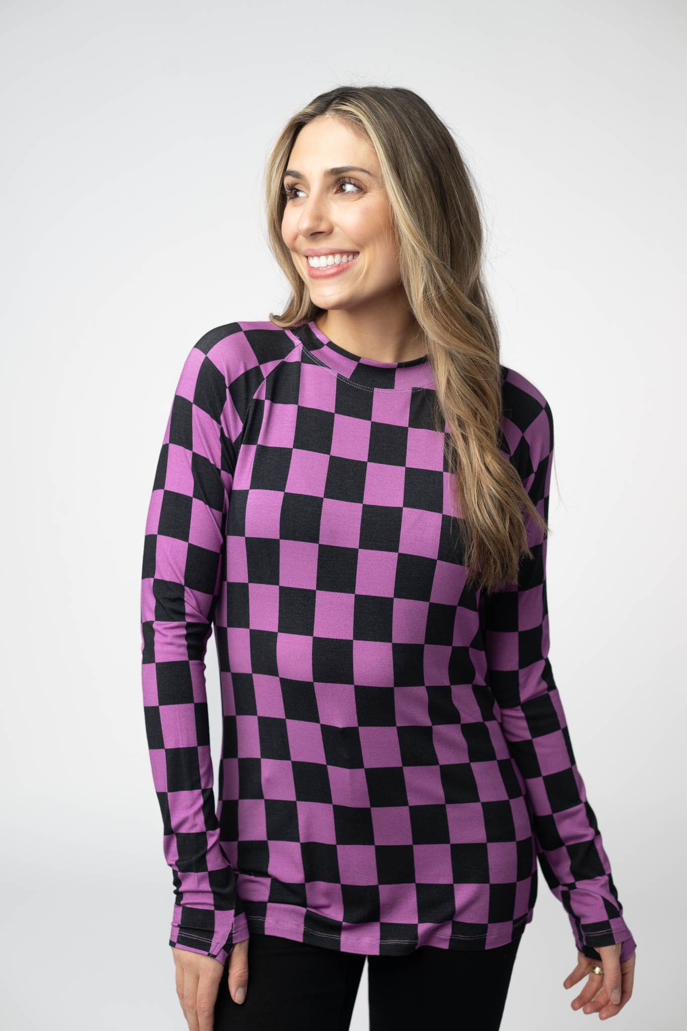 IN STOCK Blair Long Sleeve Top - Black and Purple Checkers