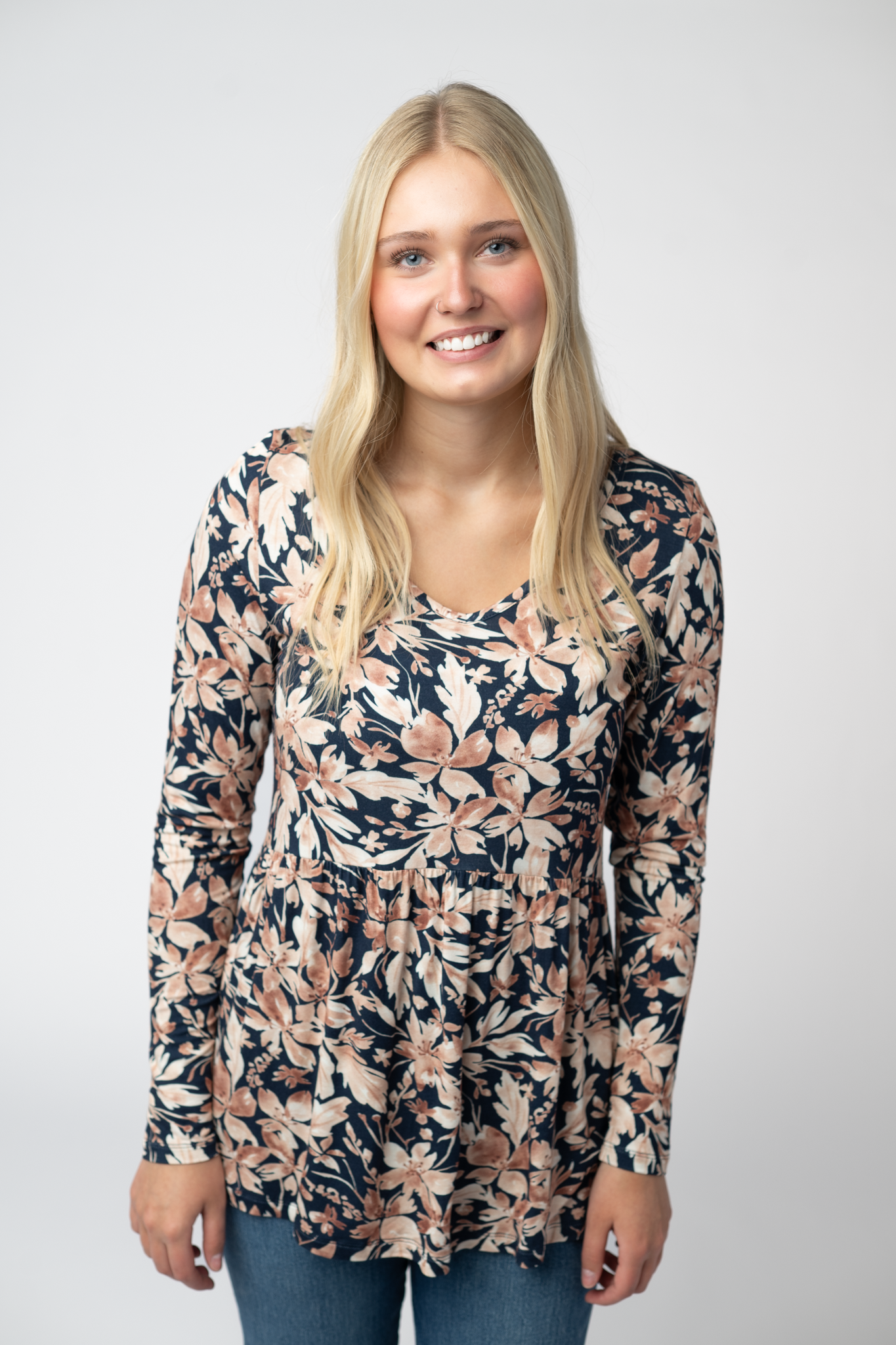 IN STOCK Long Sleeve Sarah Ruffle Top - Navy Autumn Petals